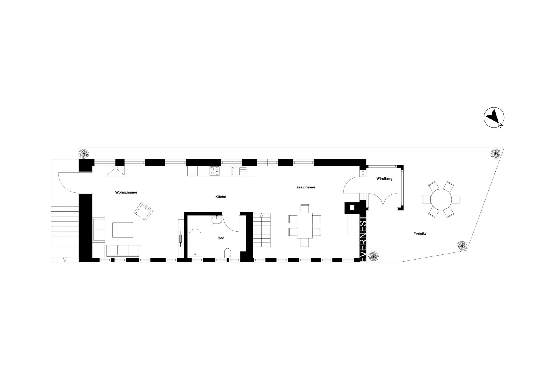 Grundriss einer Wohnung mit Wohnzimmer, Küche, Esszimmer, Bad und Außenbereich.