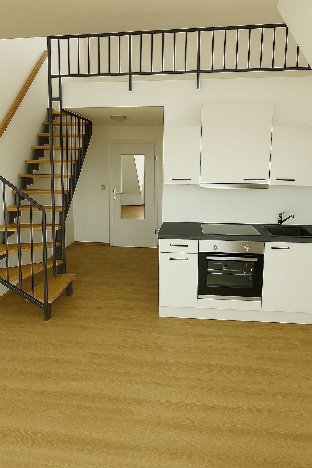 Moderne Einbauküche mit Herd und Spüle, daneben eine Holztreppe mit Metallgeländer.