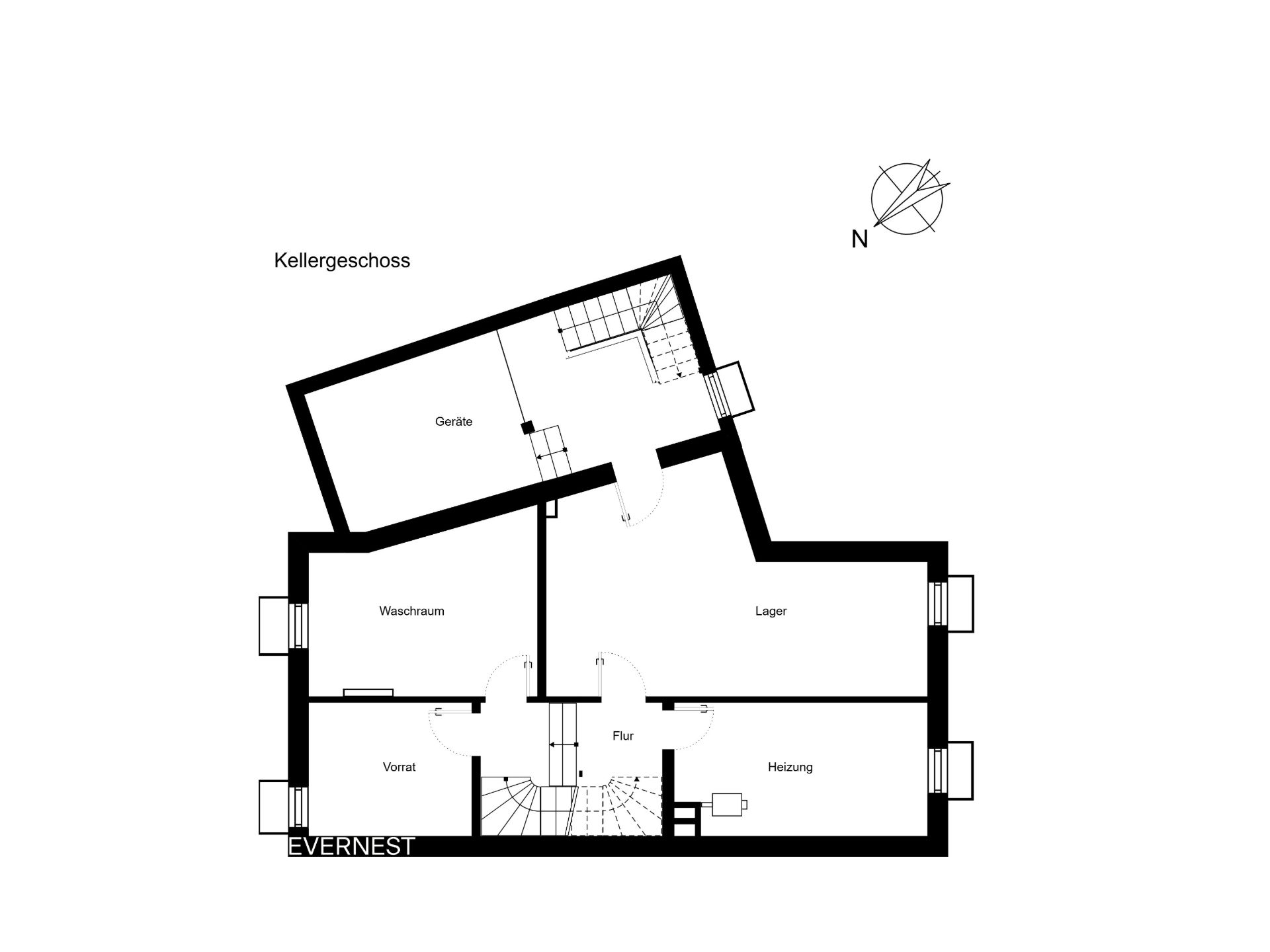 Grundriss des Kellergeschosses mit Geräte-, Wasch-, Vorrats-, Lager- und Heizungsraum.