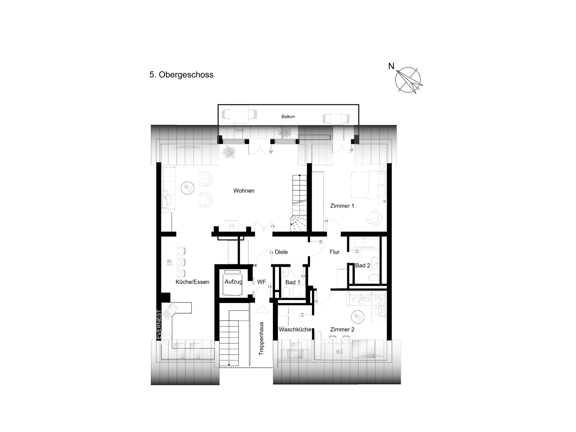 Grundriss einer Wohnung mit Wohnzimmer, zwei Schlafzimmern, zwei Bädern, Balkon und Küche.