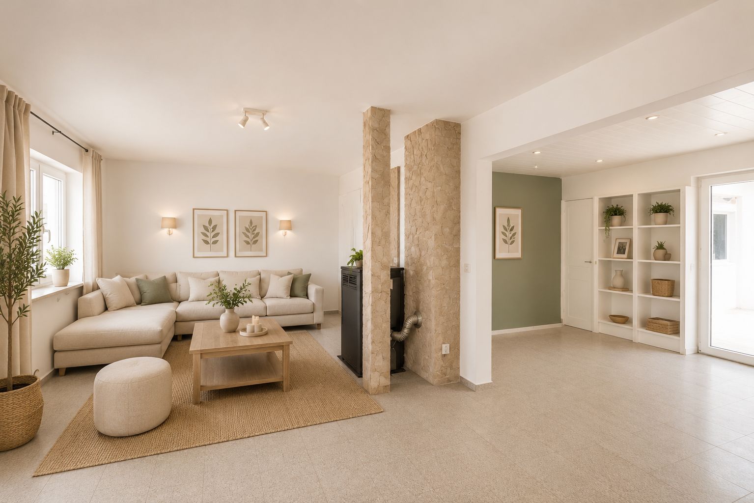 Helles Wohnzimmer mit Ecksofa, Couchtisch, Teppich und offenem Regal an der Wand.