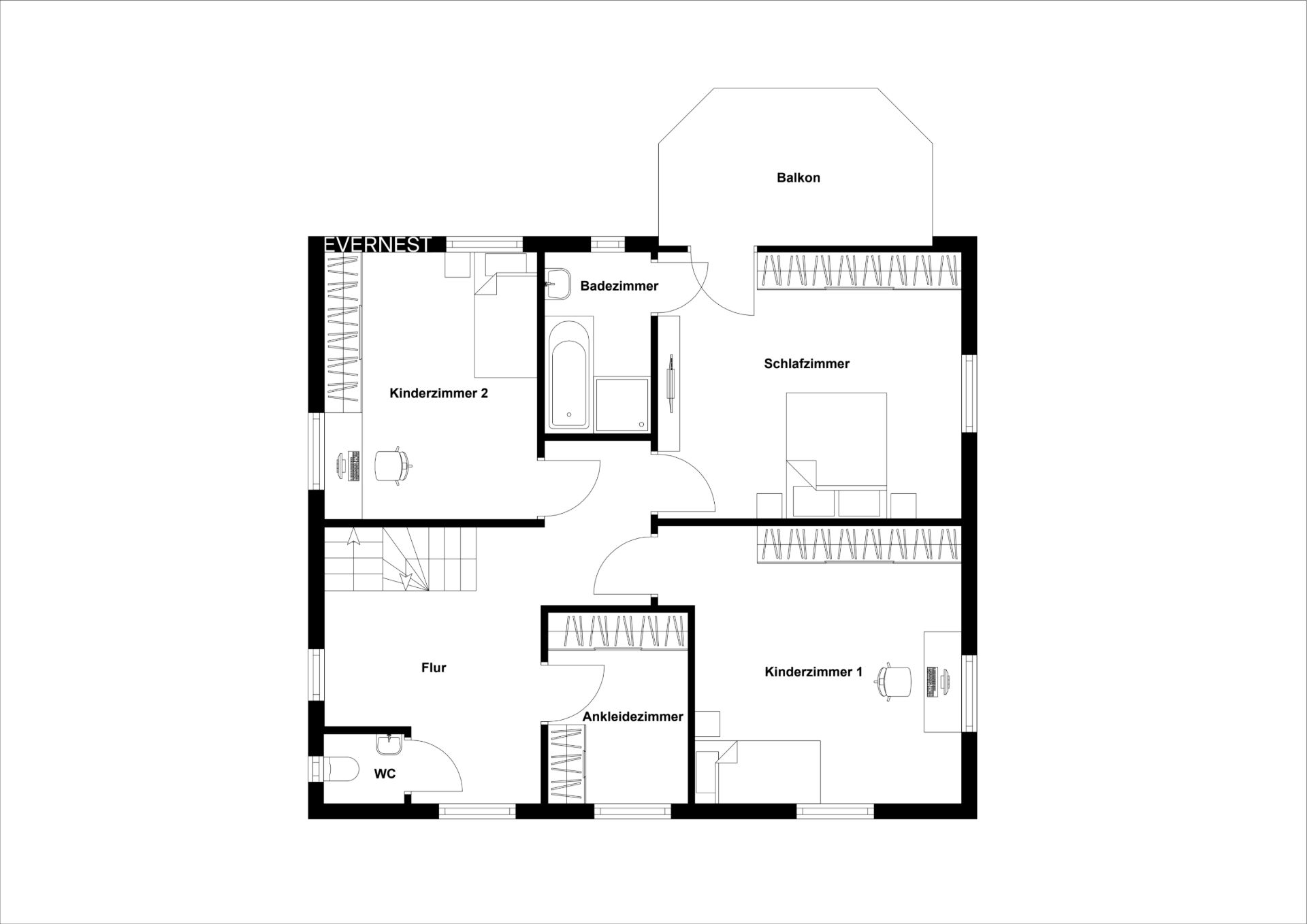 Grundriss einer Wohnung mit Schlafzimmer, zwei Kinderzimmern, Bad, WC, Flur, Ankleidezimmer und Balkon.