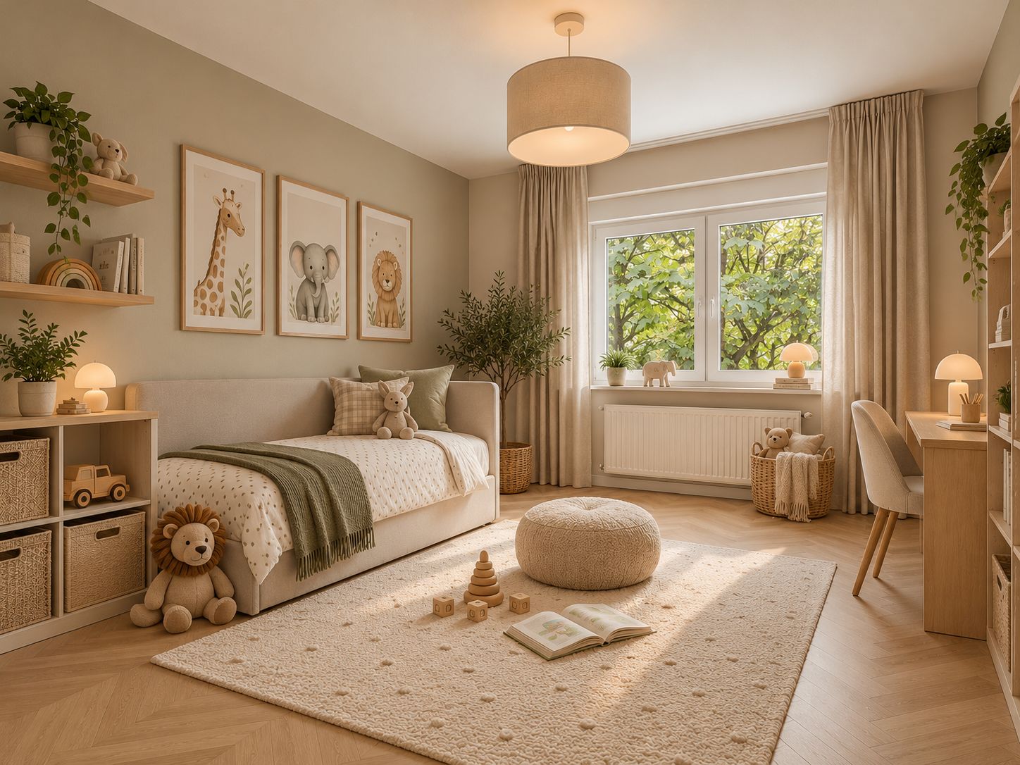 Helles Kinderzimmer mit Bett, Teppich, Spielzeug, Schreibtisch und großen Fenstern.
