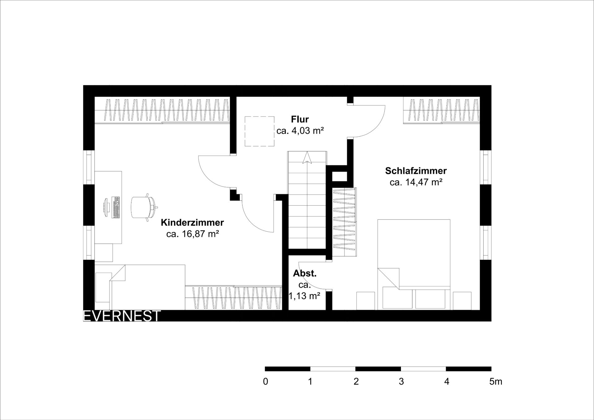 Grundriss mit Kinderzimmer, Schlafzimmer, Flur, Abstellraum und Treppe.