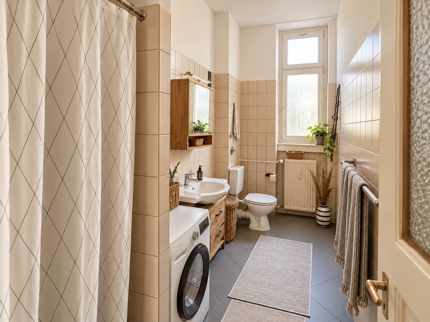 Helles Badezimmer mit Waschmaschine, Waschbecken, Toilette, Dusche und Fenster.