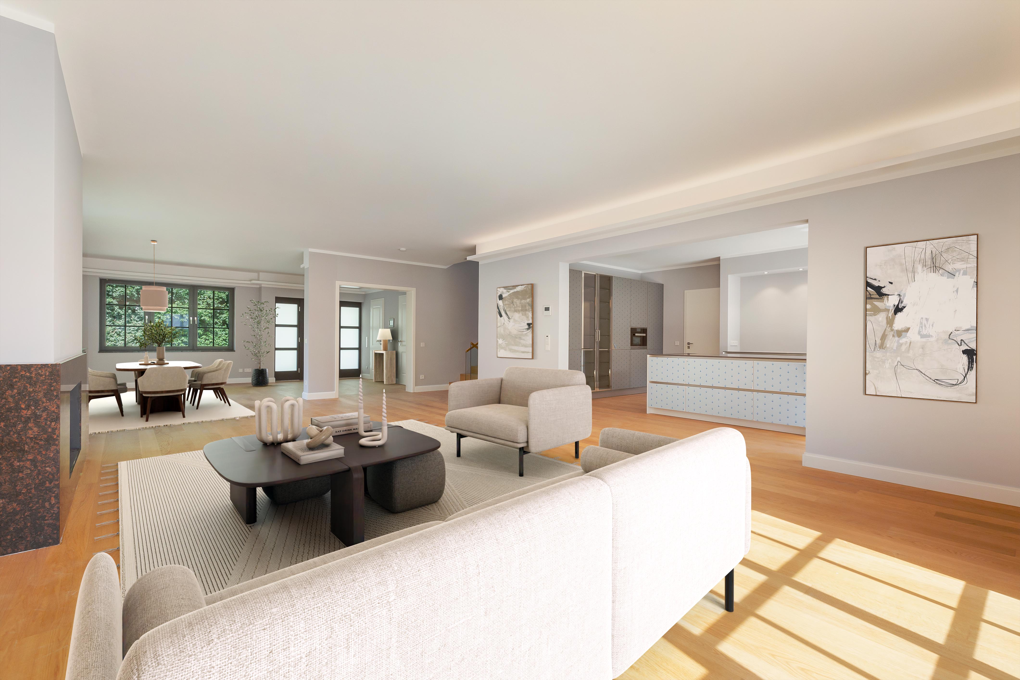 Modernes Wohnzimmer mit beigen Sofas, Couchtisch, Essbereich und offener Küche.