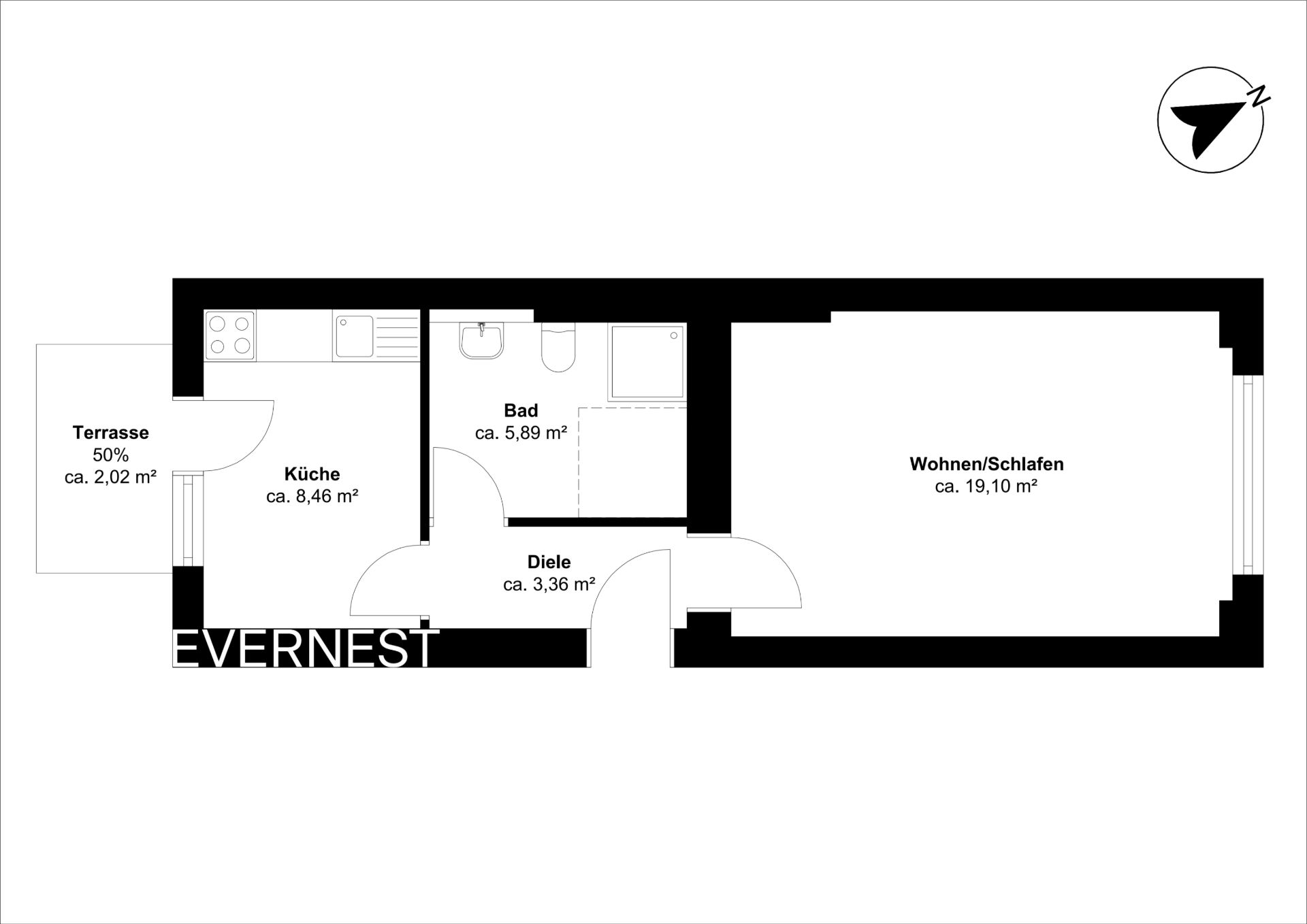 Grundriss einer Wohnung mit Terrasse, Küche, Bad, Diele und Wohn-/Schlafraum.