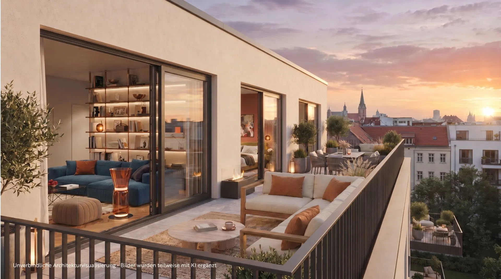 Moderne Dachterrasse mit Sofa, Pflanzen und Blick auf die Stadt bei Sonnenuntergang.