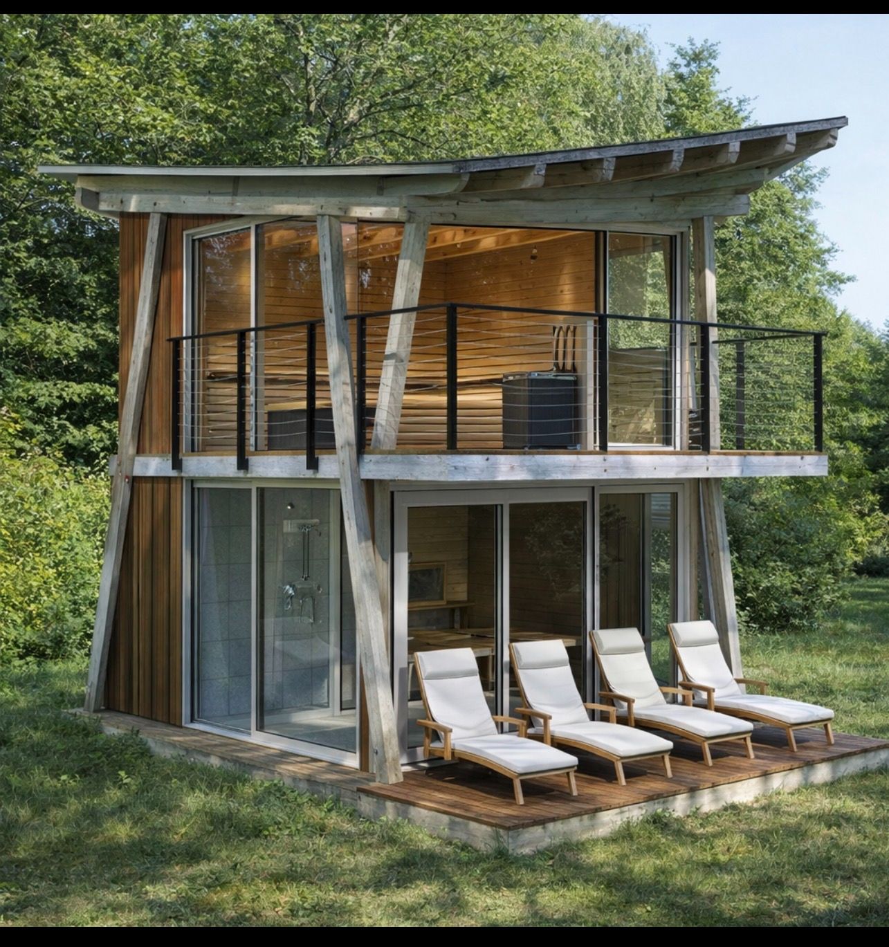 Modernes zweistöckiges Holzhaus mit großer Glasfront und vier Liegestühlen auf der Terrasse.