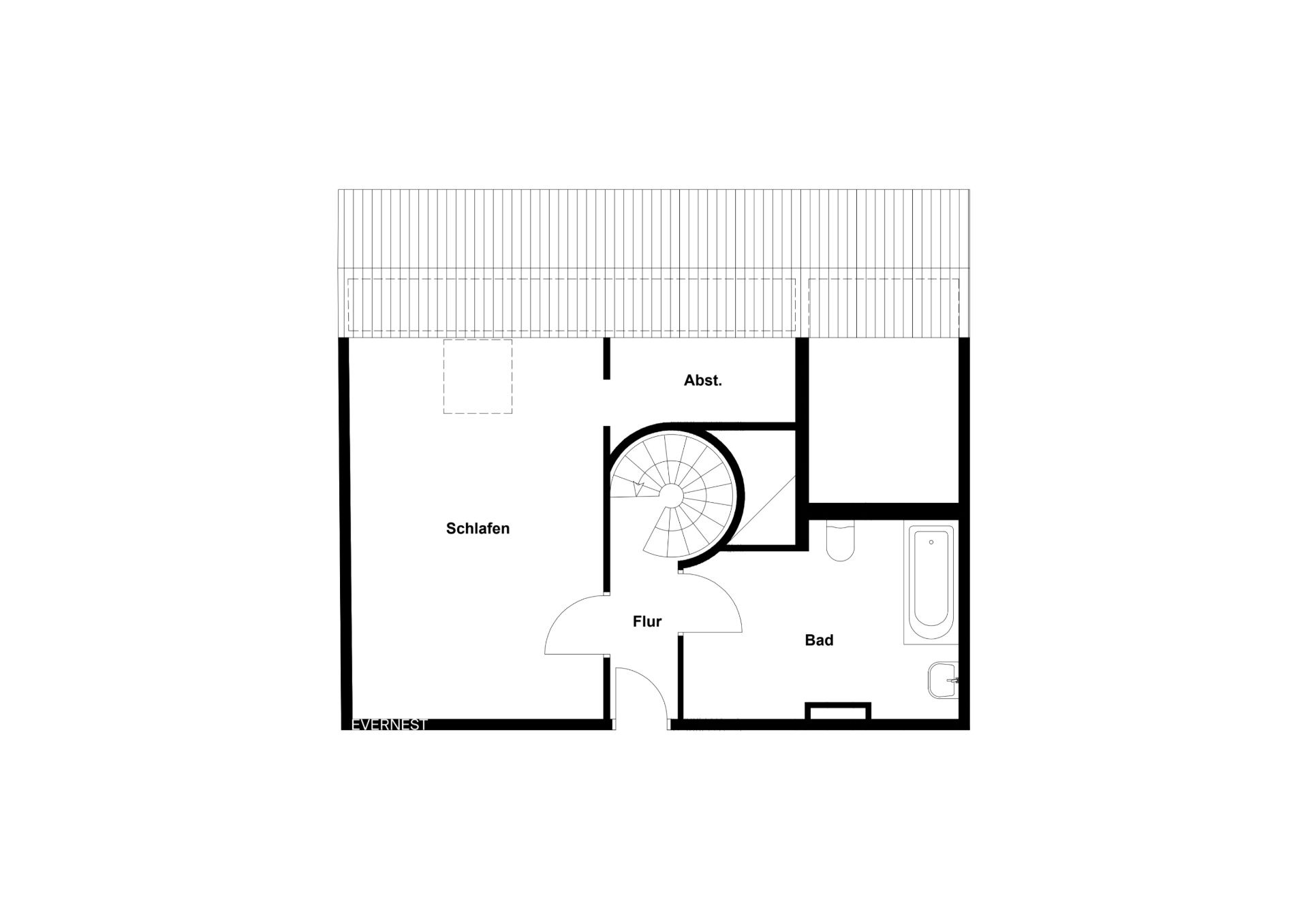 Grundriss mit Schlafzimmer, Bad, Abstellraum, Flur und Wendeltreppe.