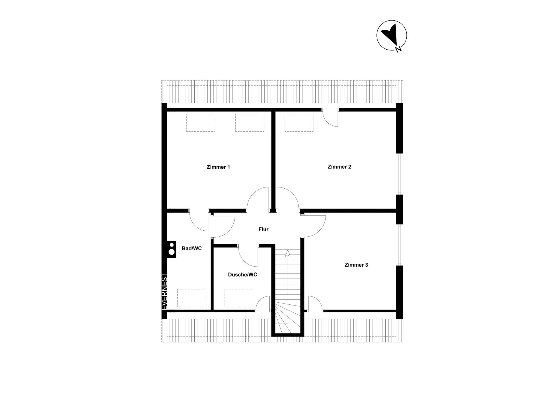 Grundriss mit drei Zimmern, Flur, Bad/WC und Dusche/WC, sowie Treppe.