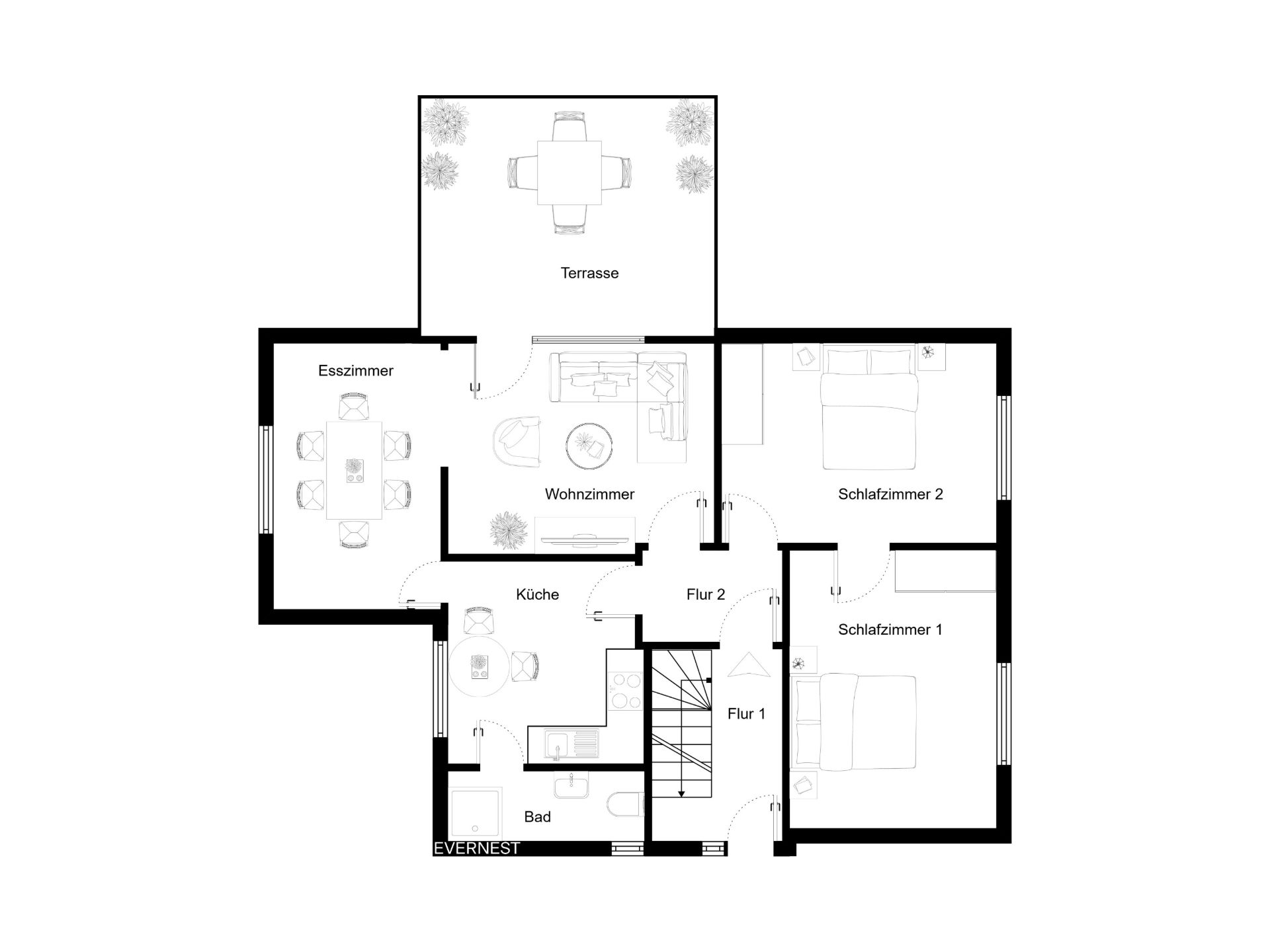 Grundriss einer Wohnung mit Wohnzimmer, zwei Schlafzimmern, Küche, Bad, Esszimmer und Terrasse.