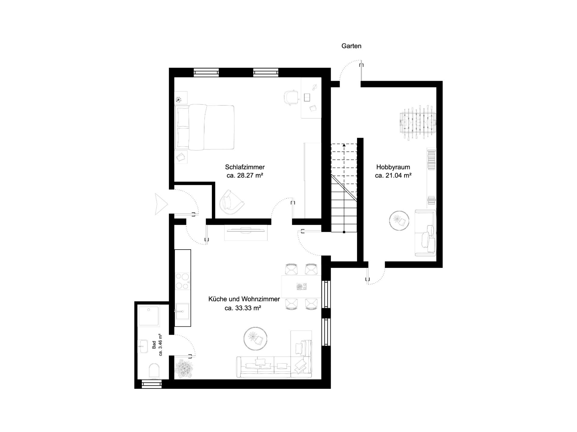 Grundriss mit Schlafzimmer, Küche und Wohnzimmer sowie Hobbyraum und Zugang zum Garten.