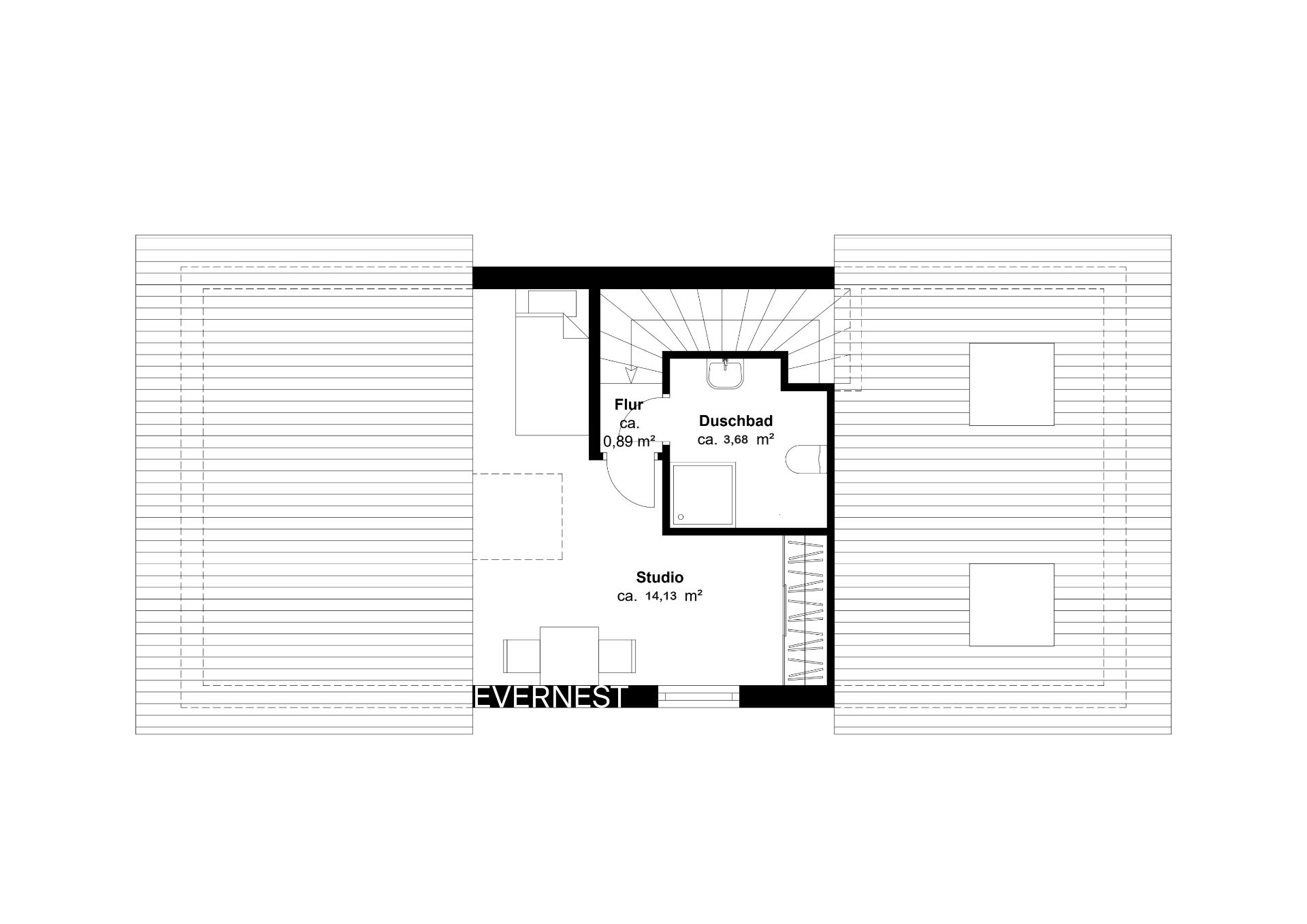 Grundriss mit Studio, Flur und Duschbad, Gesamtfläche und Maße angegeben.