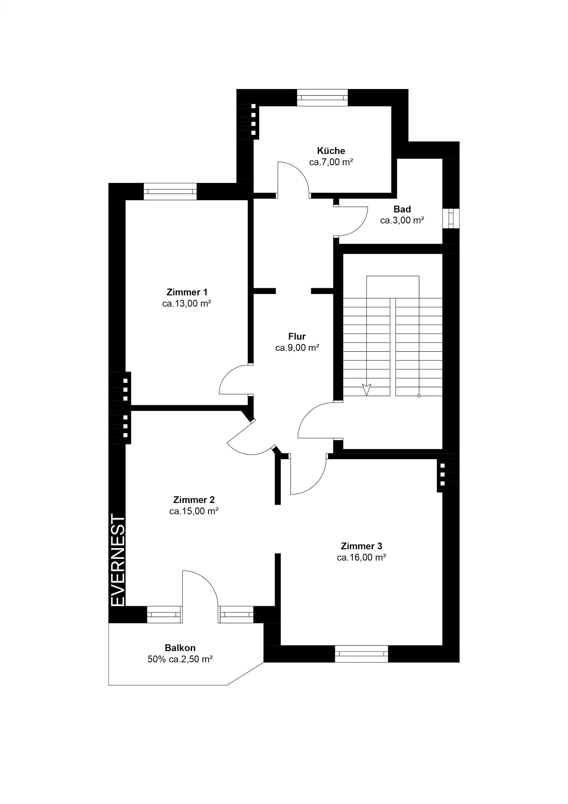Grundriss mit drei Zimmern, Küche, Bad, Flur und Balkon.