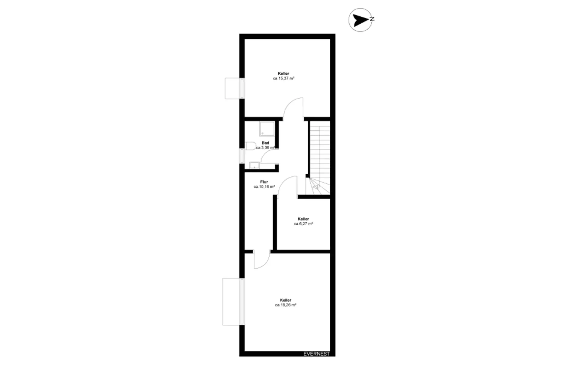 Grundriss eines Kellers mit drei Kellerräumen, Flur, Treppe und kleinem Bad.