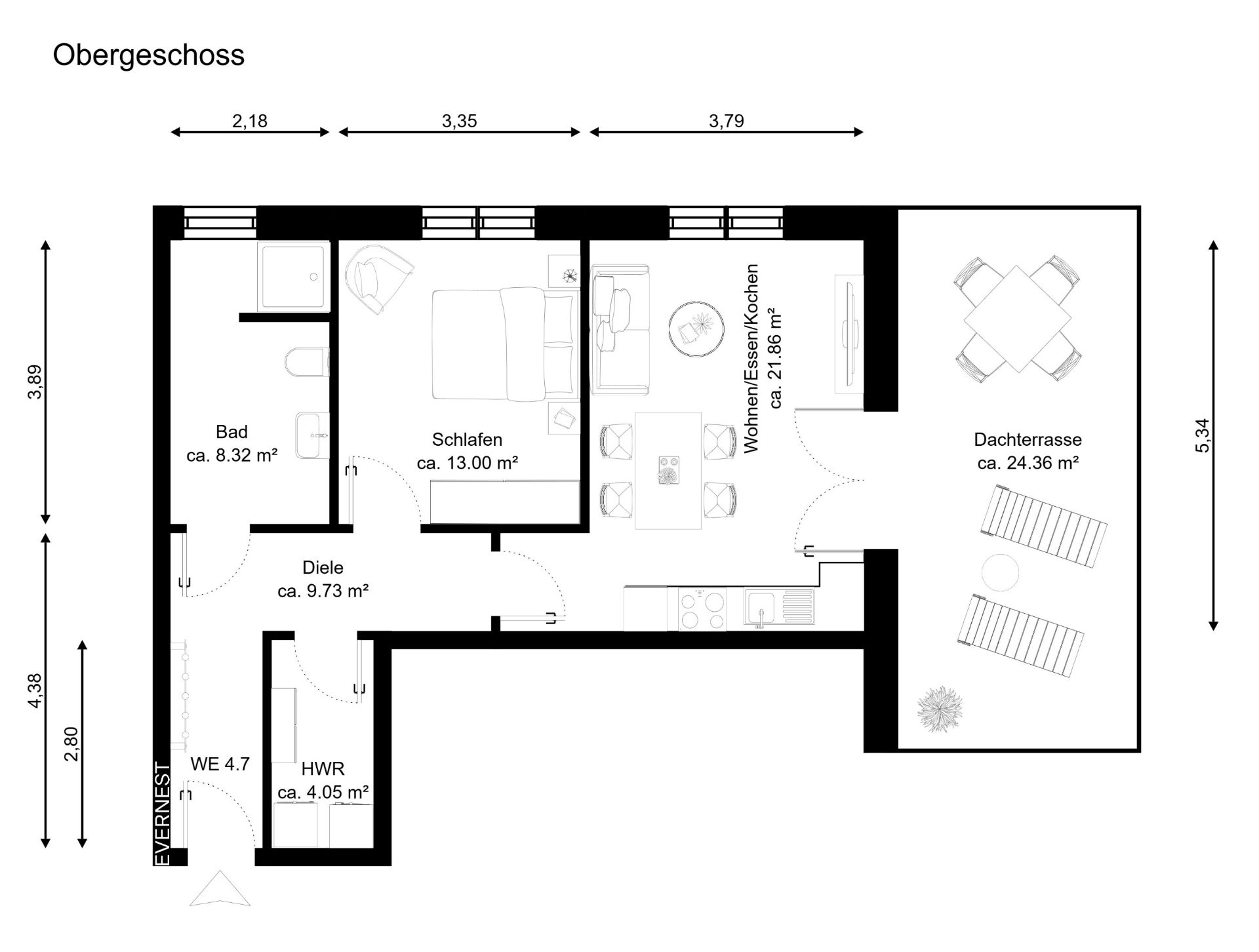 Grundriss eines Obergeschosses mit Schlafzimmer, Bad, Wohnbereich, Hauswirtschaftsraum und Dachterrasse.