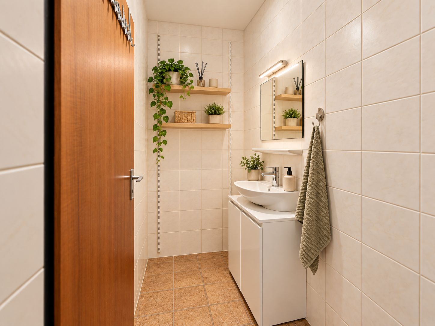 Kleines, gefliestes Bad mit Waschbecken, Spiegel, Regal und Pflanzen.