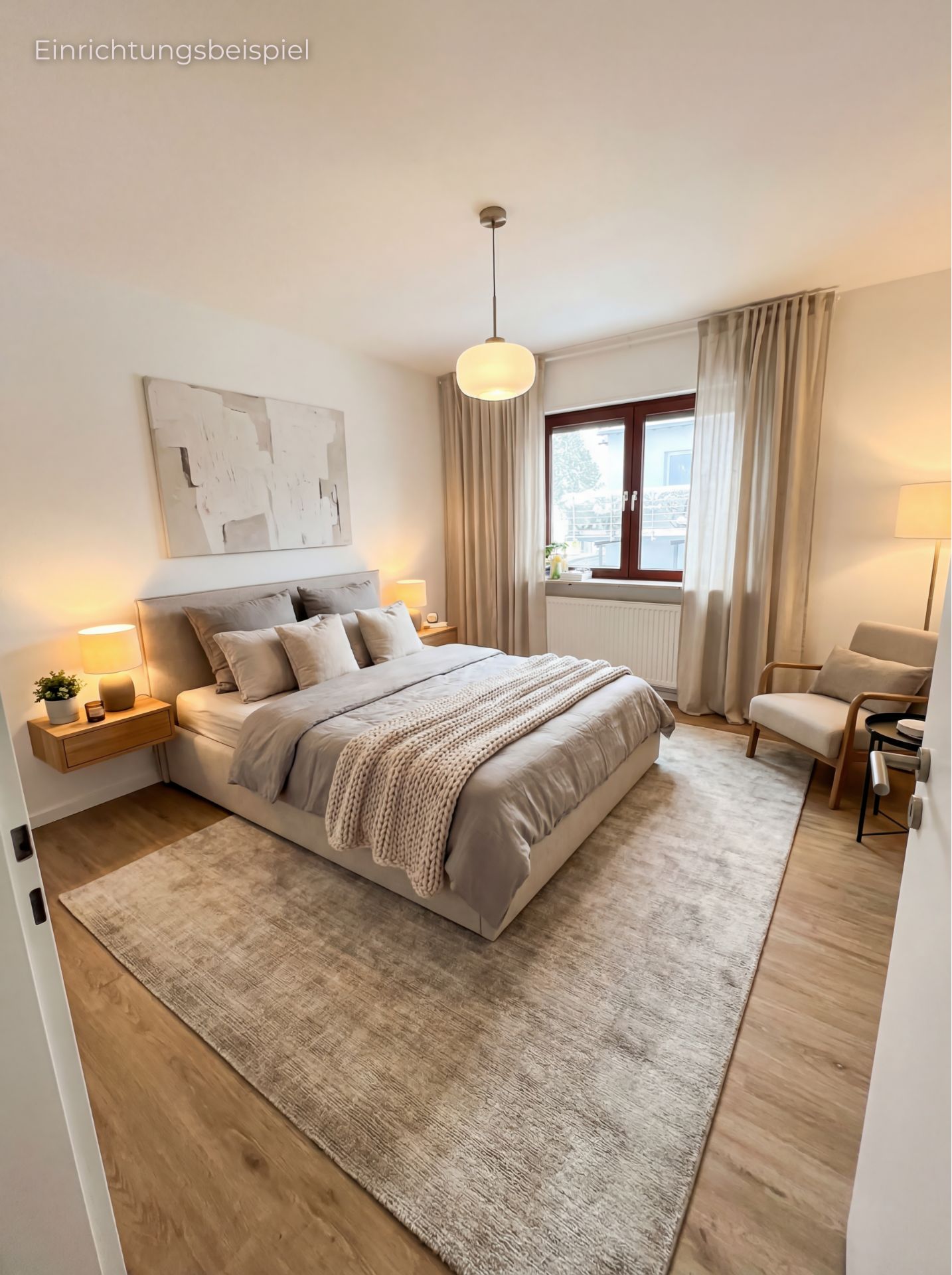 Modernes Schlafzimmer mit Doppelbett, Teppich, Sessel und großen Fenstern mit Vorhängen.