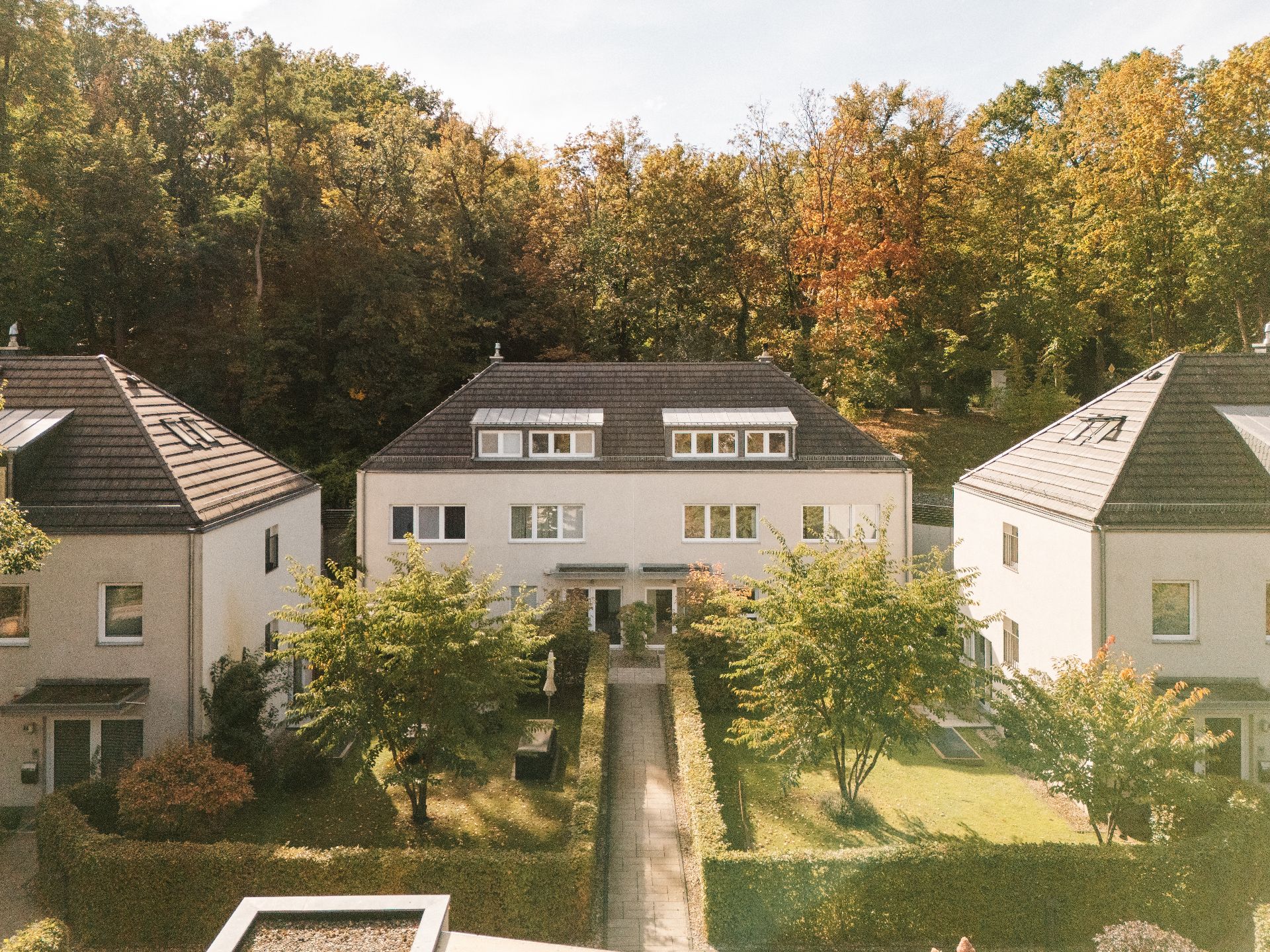 Drei moderne Wohnhäuser mit Vorgärten und Gehweg, dahinter Bäume.