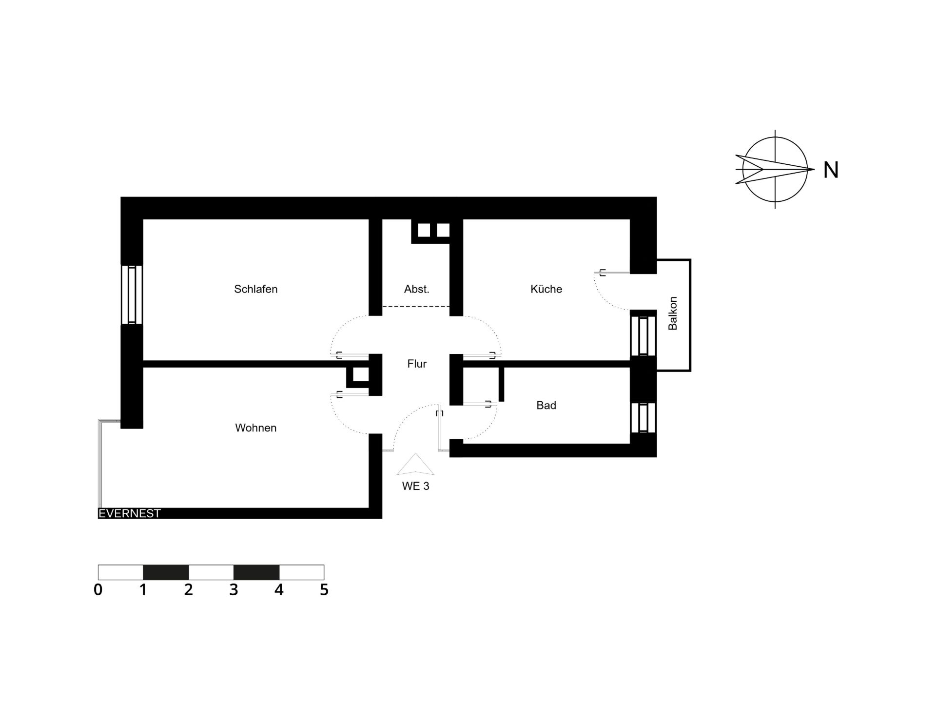 Grundriss mit Schlafzimmer, Wohnzimmer, Küche, Bad, Abstellraum, Flur und Balkon.