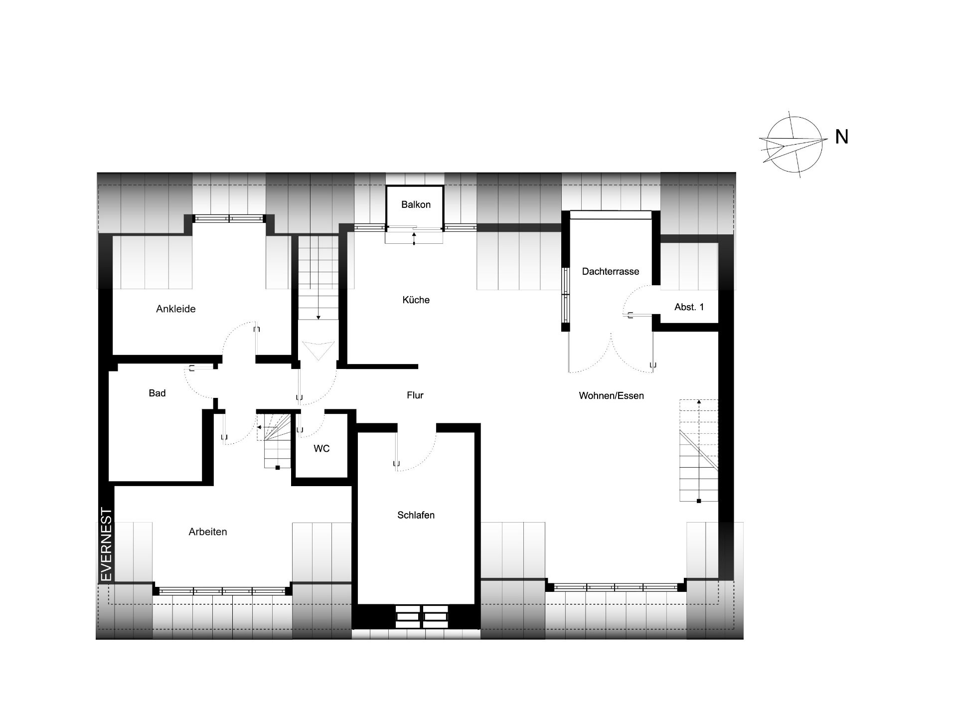 Grundriss einer Wohnung mit Küche, Bad, Schlafzimmer, Wohnzimmer, Balkon und Dachterrasse.