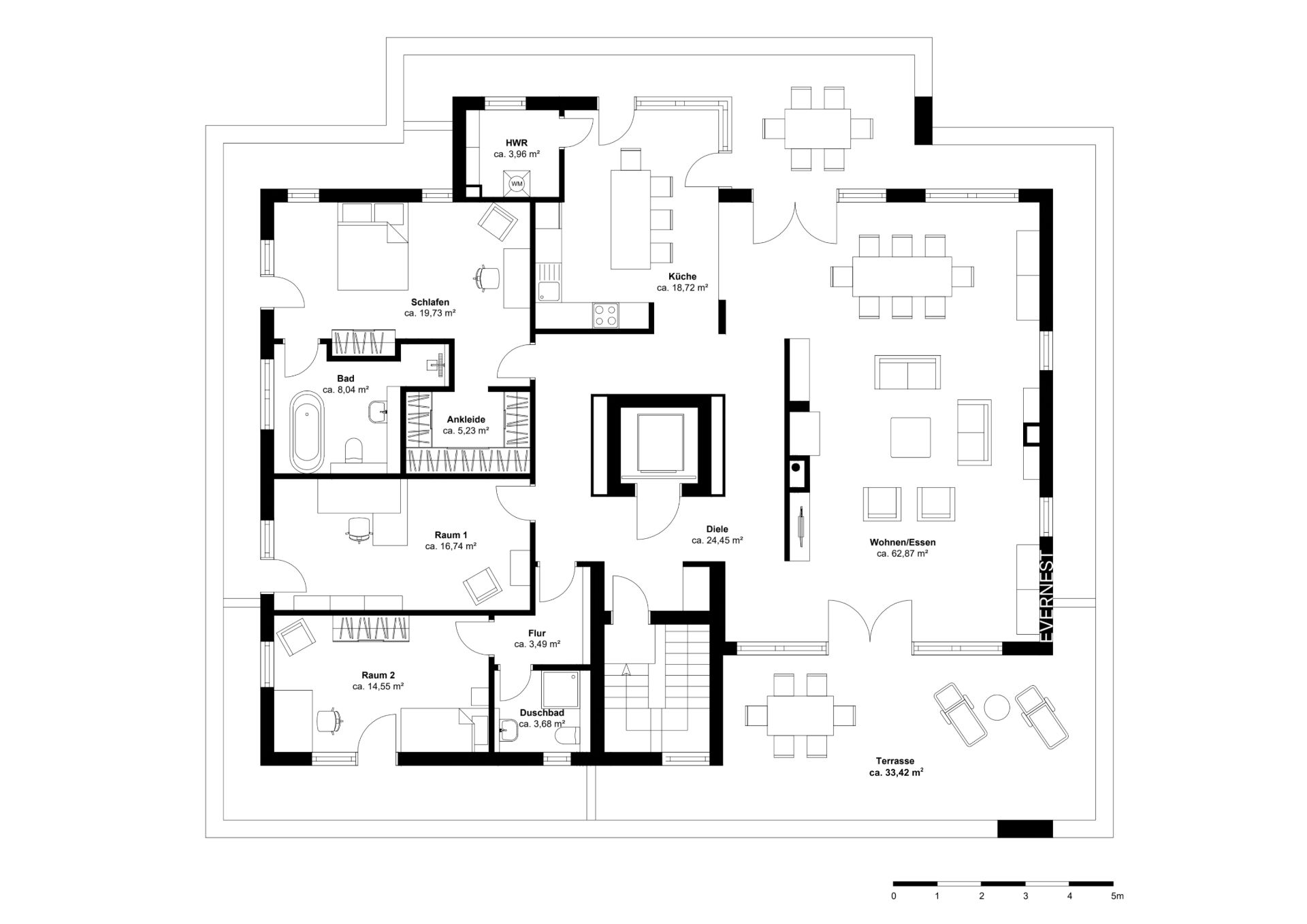 Grundriss einer Wohnung mit Wohnzimmer, Schlafzimmer, Küche, Bädern und Terrasse.