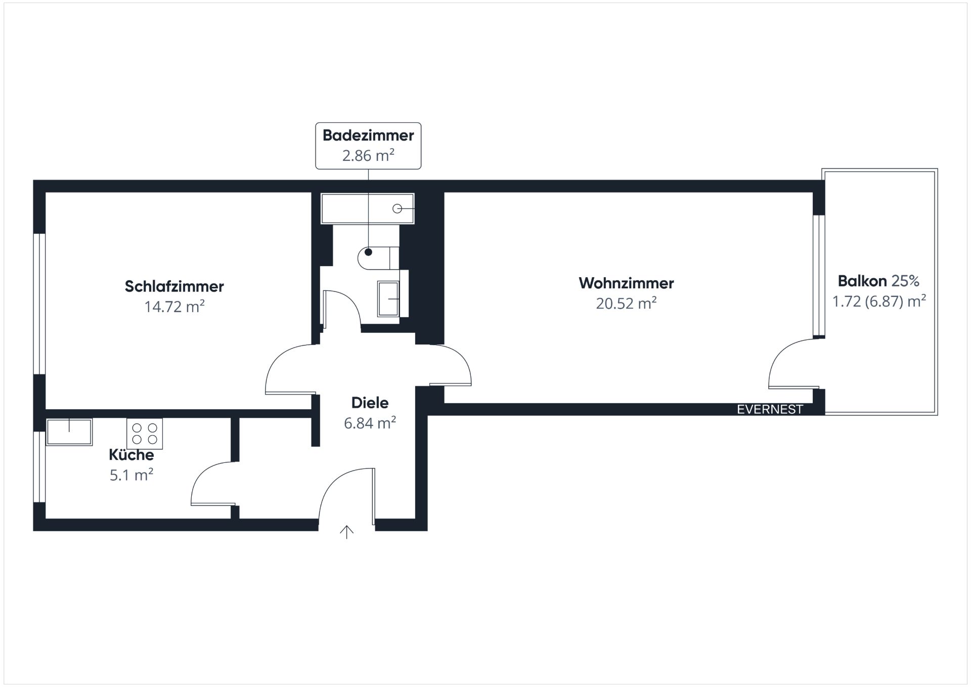 Wohnungsgrundriss mit Schlafzimmer, Wohnzimmer, Küche, Bad, Diele und Balkon, alle Räume sind beschriftet.