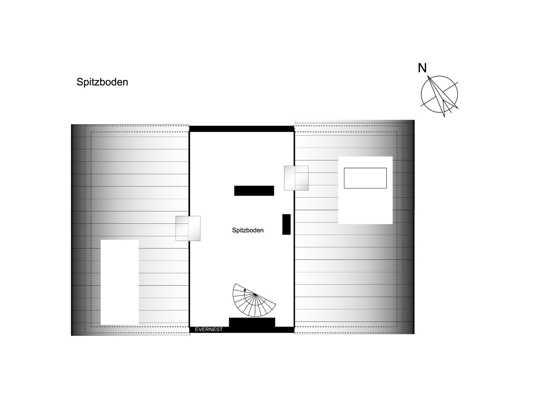 Grundriss eines Spitzbodens mit Treppe und Dachfenstern.