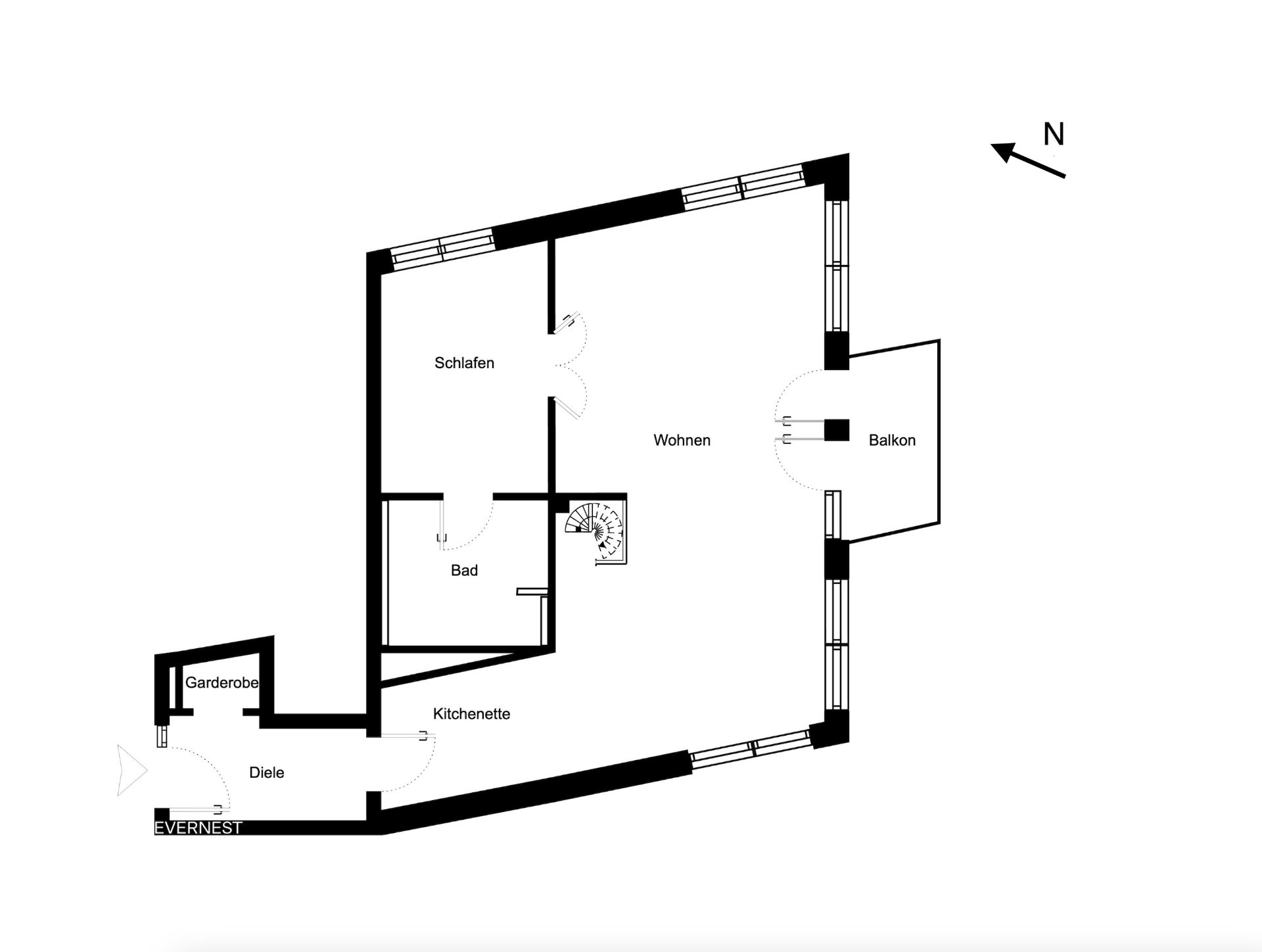 Grundriss einer Wohnung mit Schlafzimmer, Bad, Wohnbereich, Kitchenette, Garderobe und Balkon.