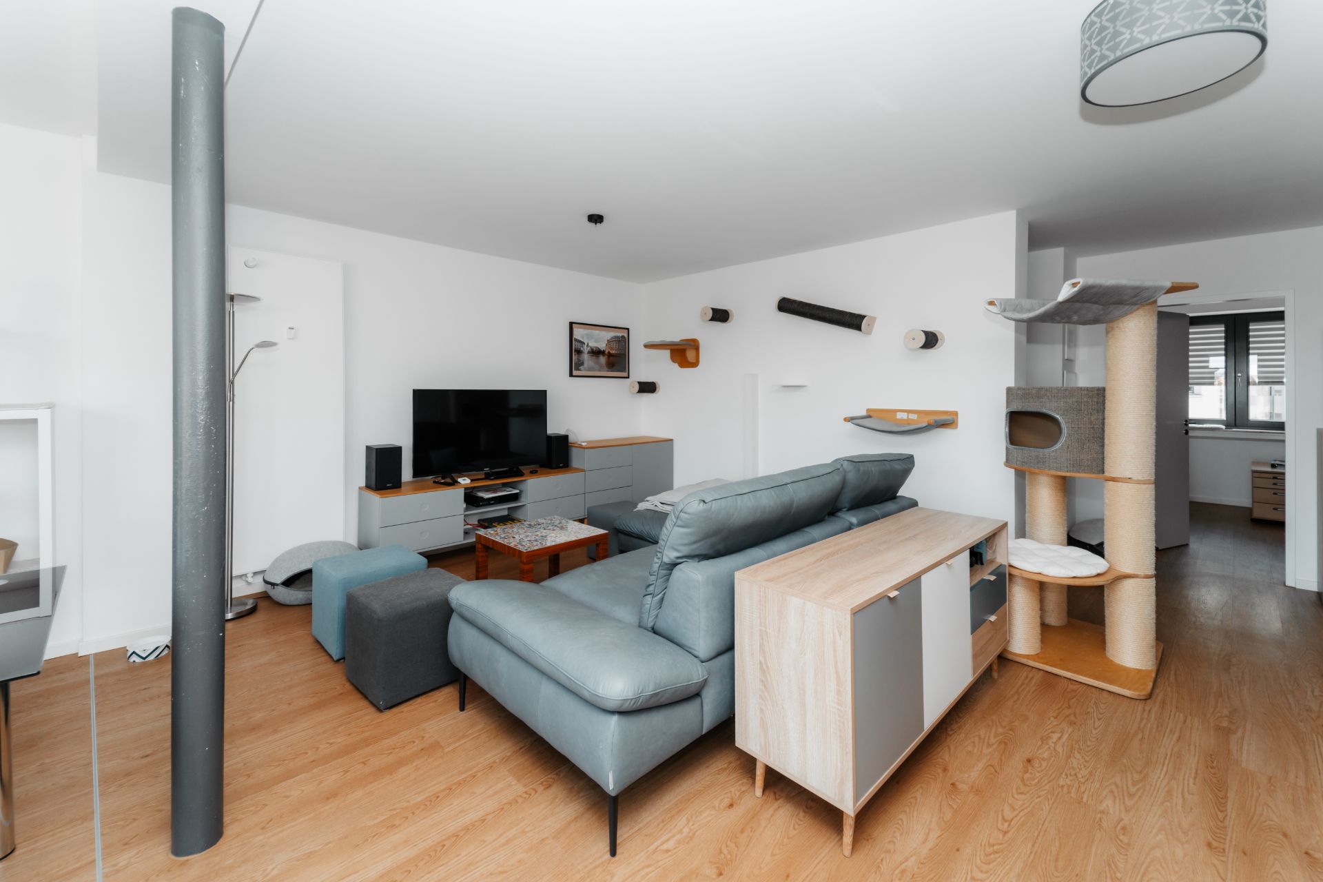 Helles Wohnzimmer mit Sofa, Fernseher, Holzboden und großem Kratzbaum für Katzen.