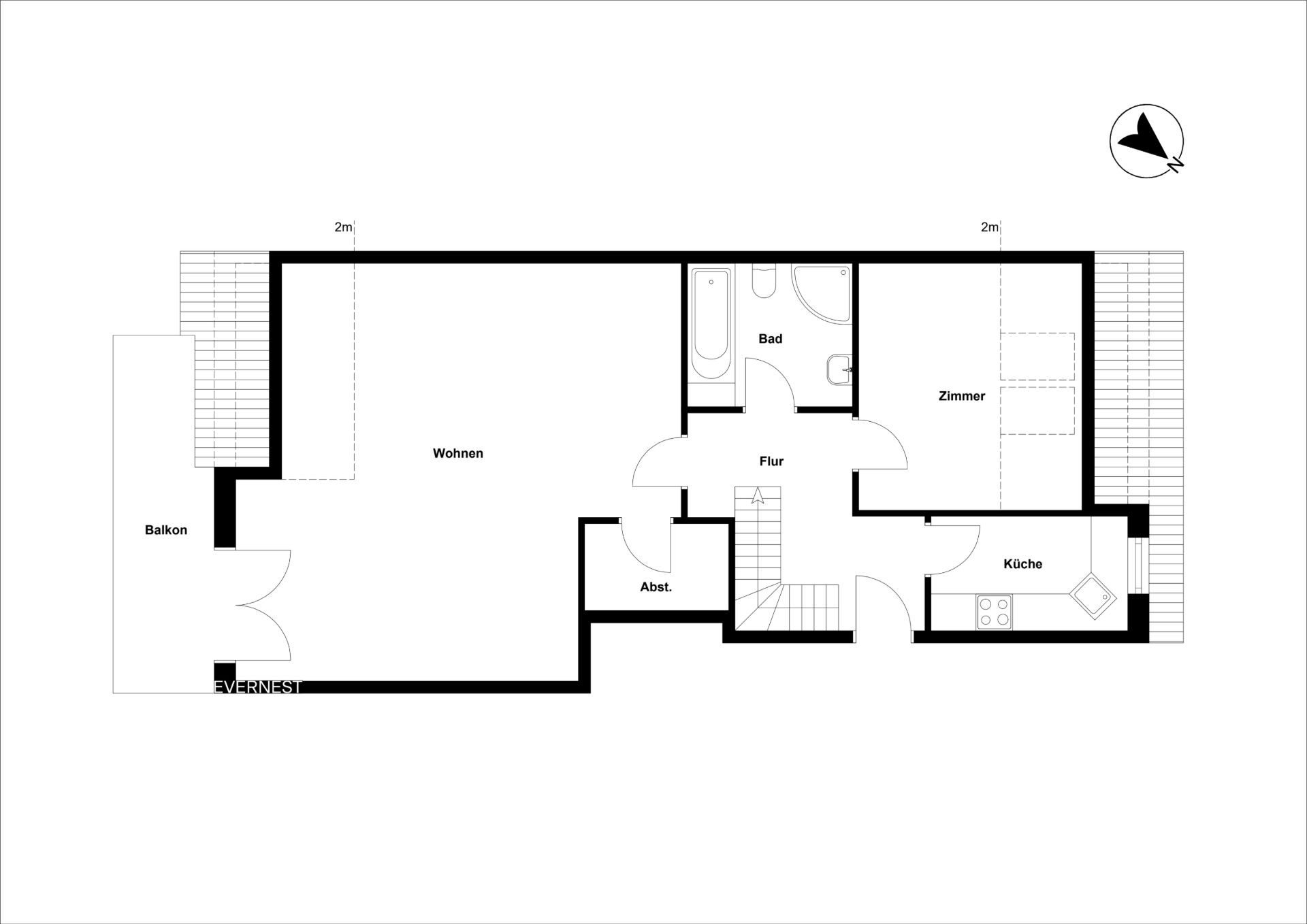 Grundriss einer Wohnung mit Balkon, Wohnzimmer, Bad, Flur, Zimmer, Küche und Abstellraum.