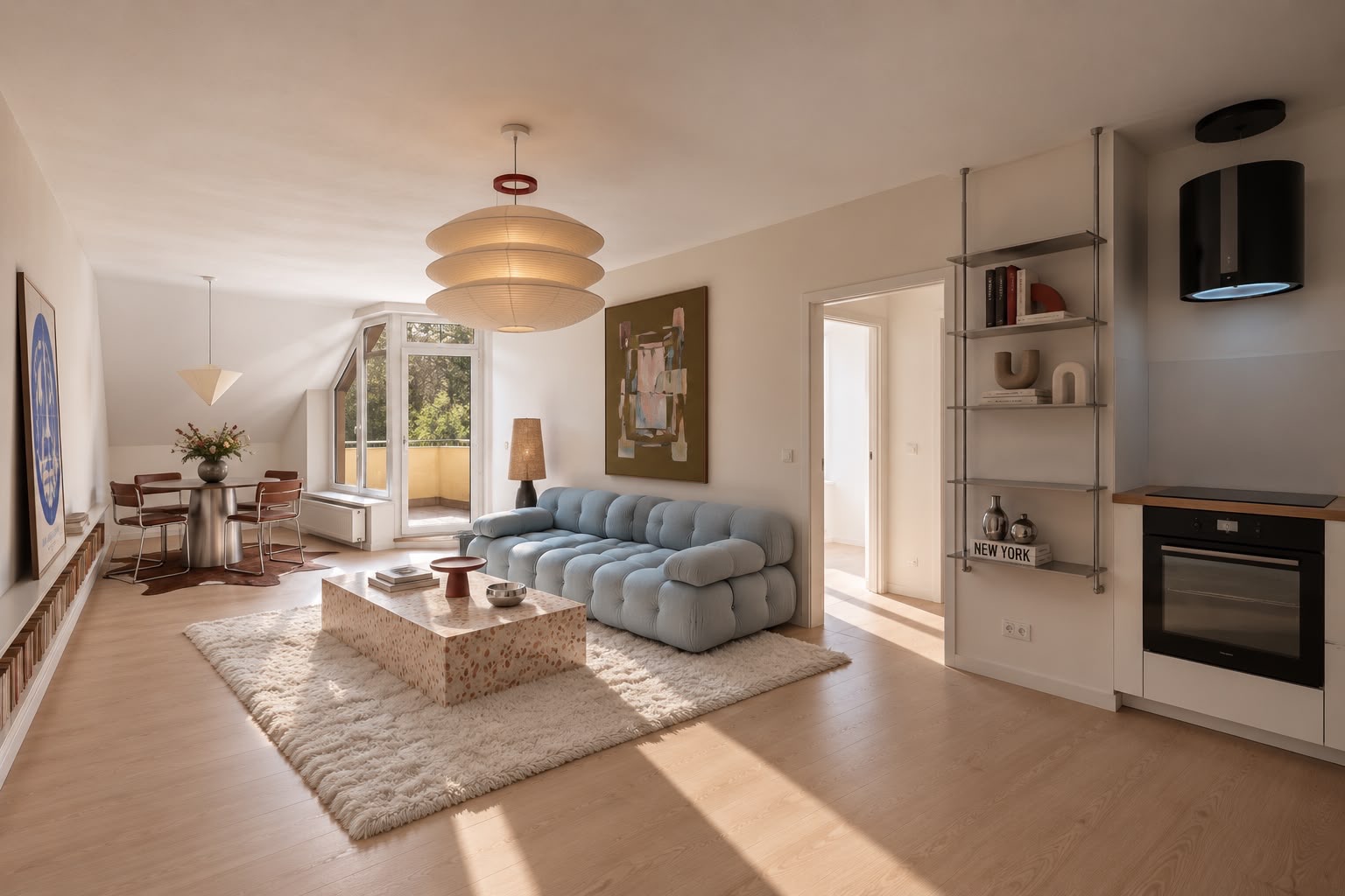 Helles Wohnzimmer mit Sofa, Teppich, Couchtisch, Esstisch und offener Küche, große Fenster im Hintergrund.