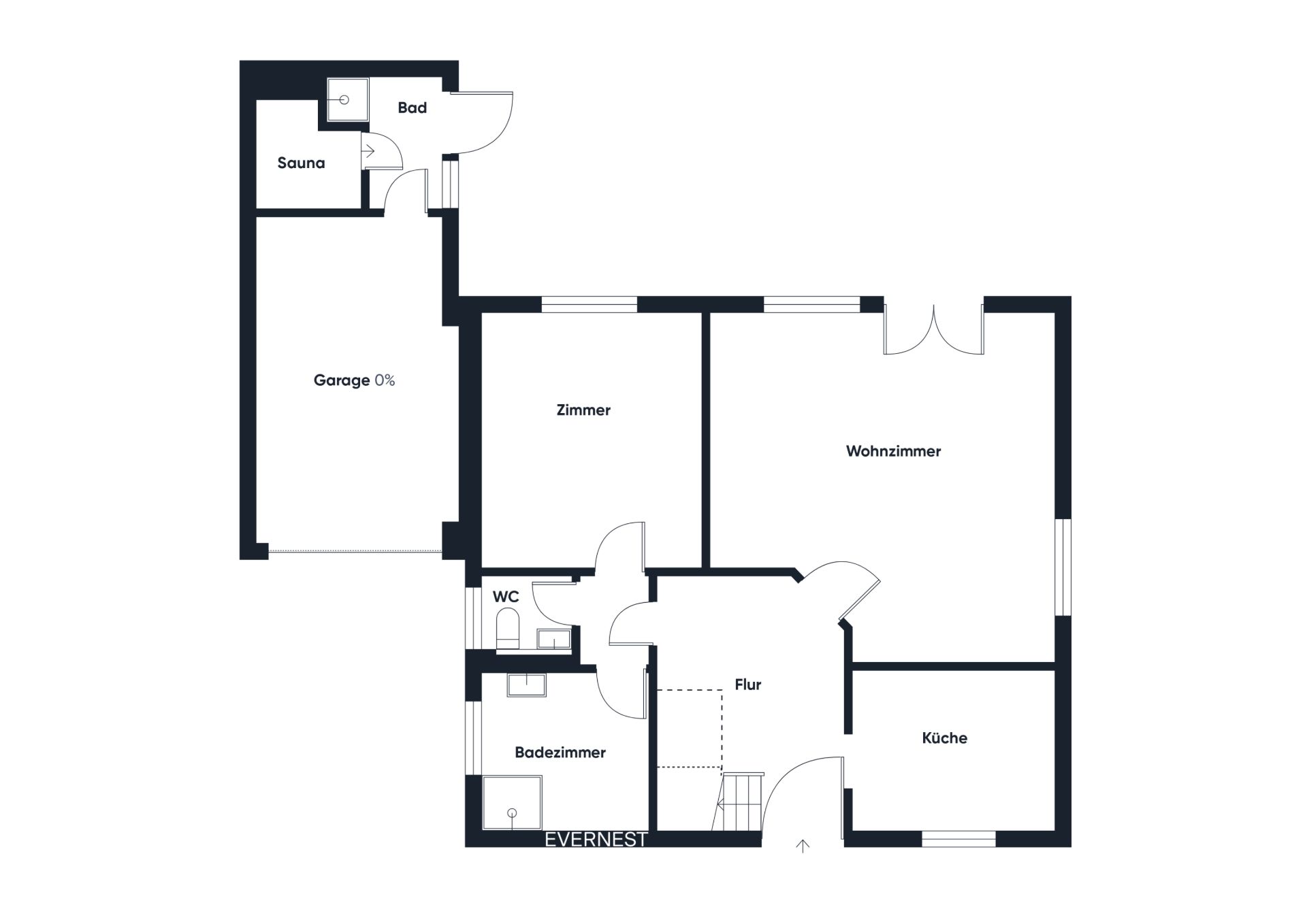 Grundriss mit Wohnzimmer, Küche, Zimmer, Bad, WC, Sauna und Garage.