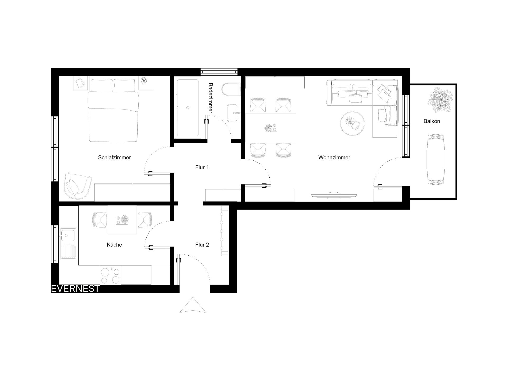 Grundriss einer Wohnung mit Schlafzimmer, Wohnzimmer, Küche, Bad, Flur und Balkon.