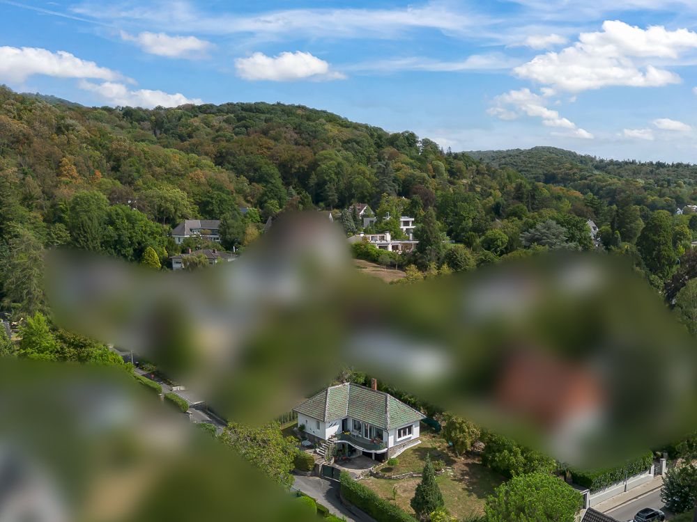 Häuser in einer grünen, bewaldeten Hügellandschaft unter blauem Himmel, teilweise unscharfe Bereiche.