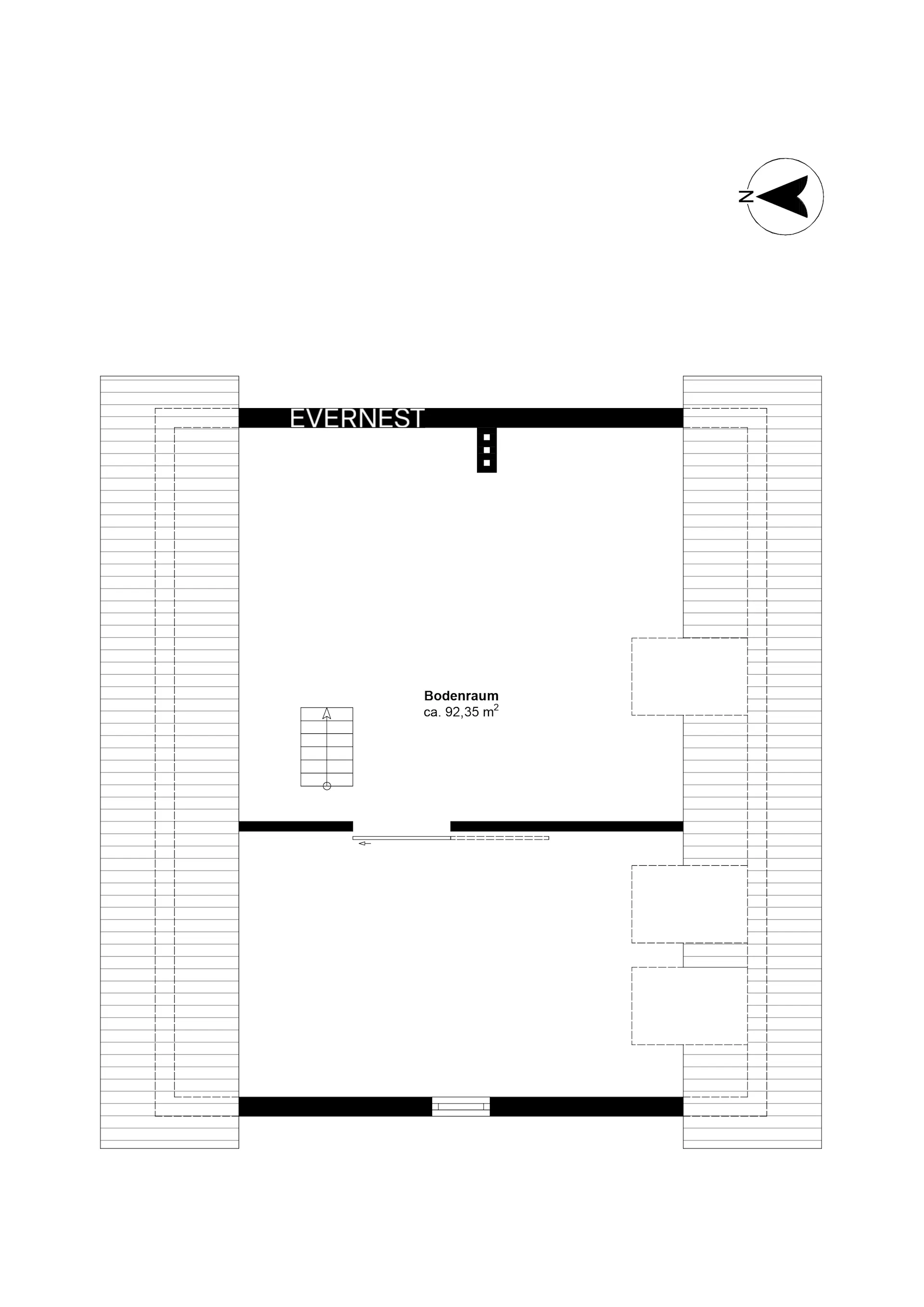 Grundriss eines Dachbodens mit Treppe, ca. 92,35 m² Fläche.