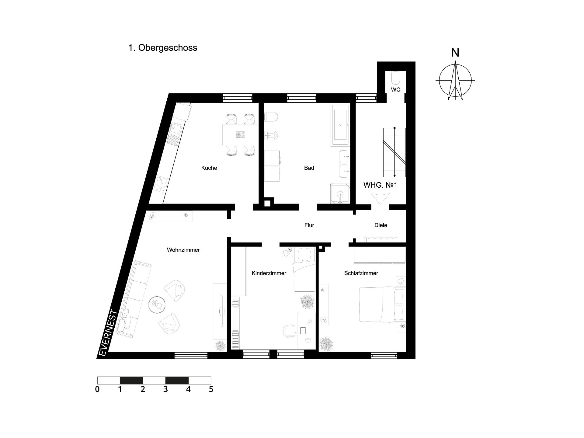 Grundriss einer Wohnung mit Wohnzimmer, Küche, Bad, Kinderzimmer und Schlafzimmer.