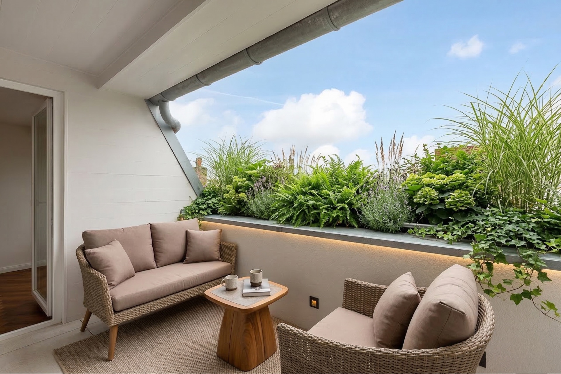 Gemütlicher Balkon mit zwei Sesseln, Sofa, kleinem Tisch und vielen Pflanzen.