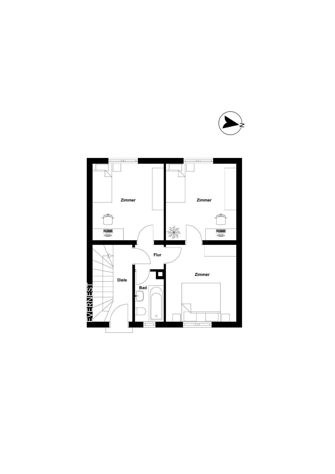 Grundriss mit drei Zimmern, Bad, Flur und Diele, Treppe links, Möbel eingezeichnet.