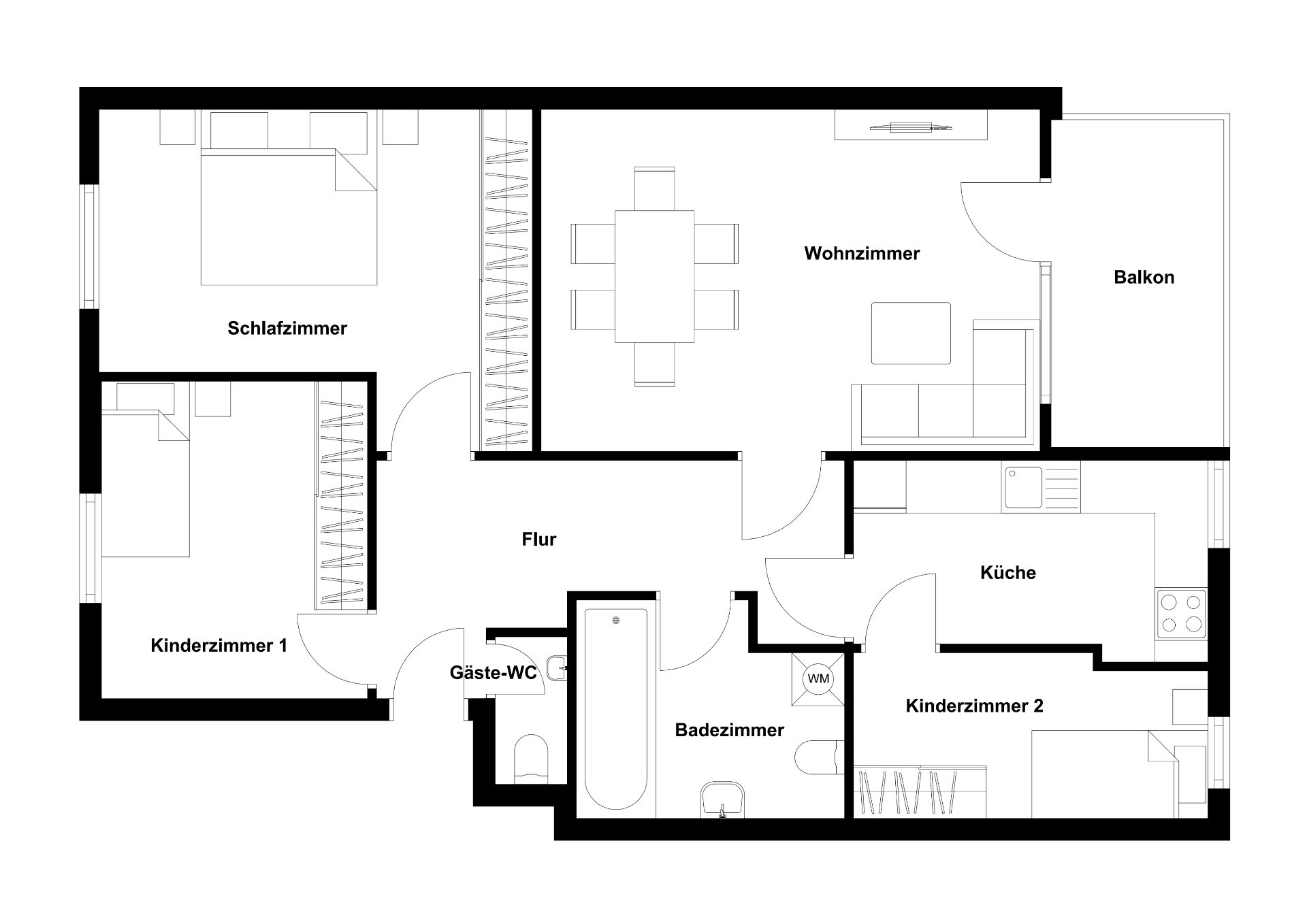 Grundriss einer Wohnung mit Schlafzimmer, Wohnzimmer, Küche, Bad, Gäste-WC und drei Zimmern.