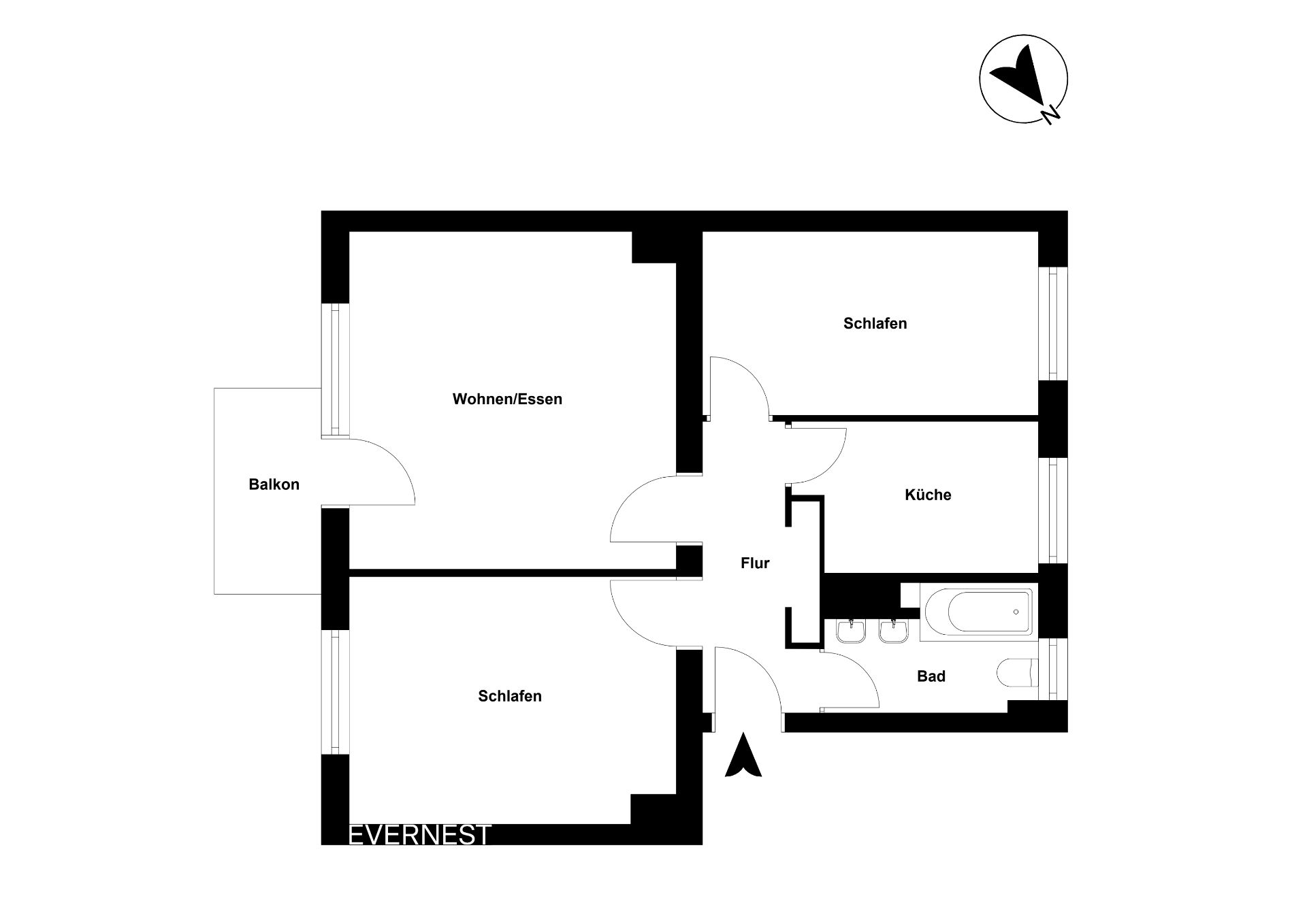 Grundriss einer Wohnung mit Balkon, zwei Schlafzimmern, Wohn-/Esszimmer, Küche, Bad und Flur.