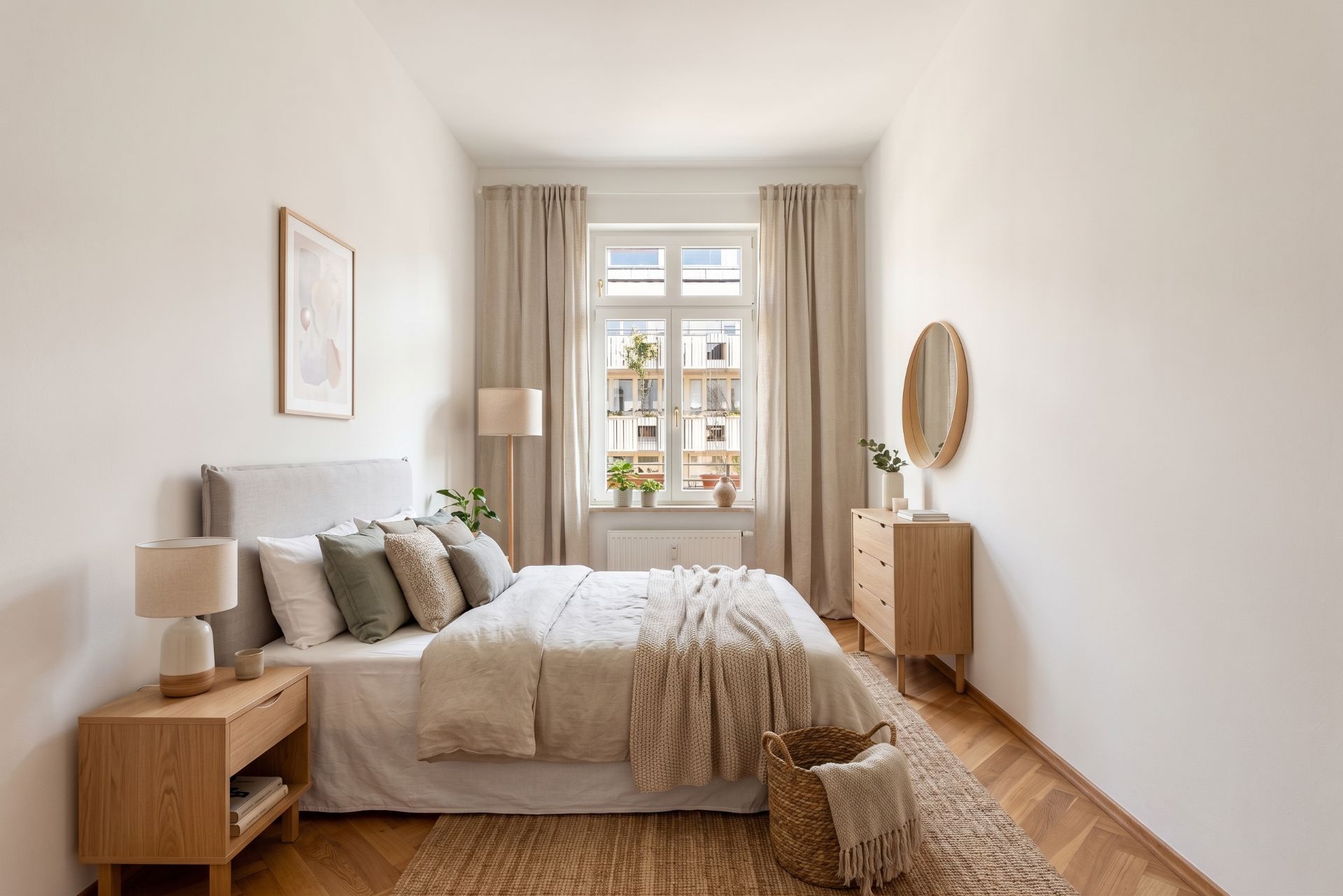 Helles Schlafzimmer mit Doppelbett, Holzmöbeln, großem Fenster und Pflanzen auf der Fensterbank.