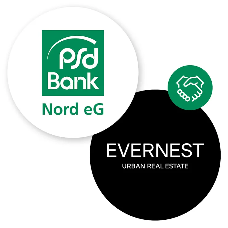 Logos von PSD Bank Nord eG und Evernest mit Handschlag-Symbol.