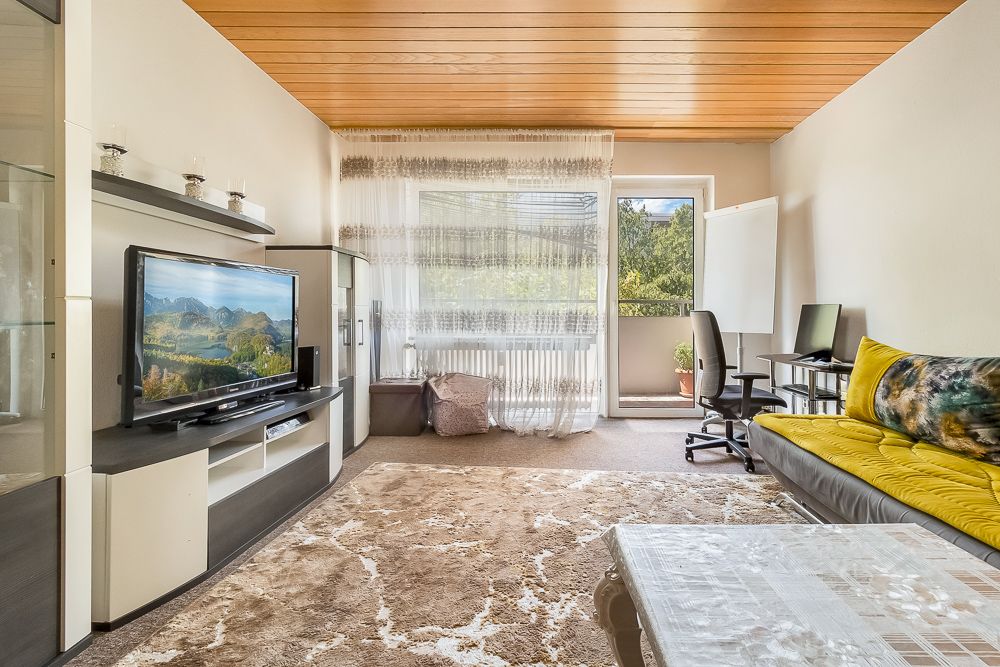 Wohnzimmer mit Fernseher, Sofa, Schreibtisch und Zugang zu einem Balkon mit Pflanzen.