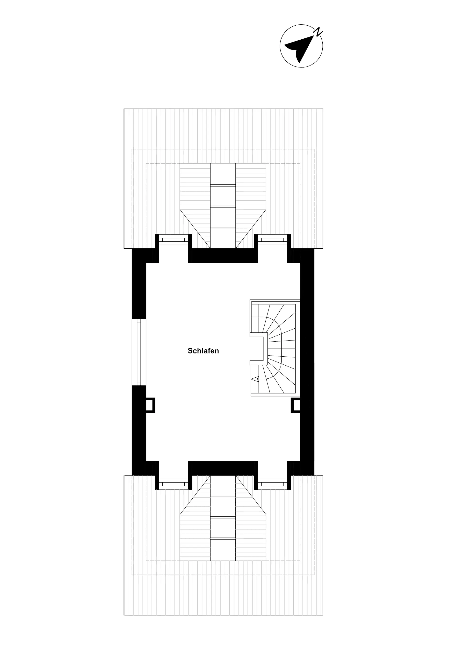 Grundriss mit großem Schlafzimmer und Treppenaufgang in der Mitte.