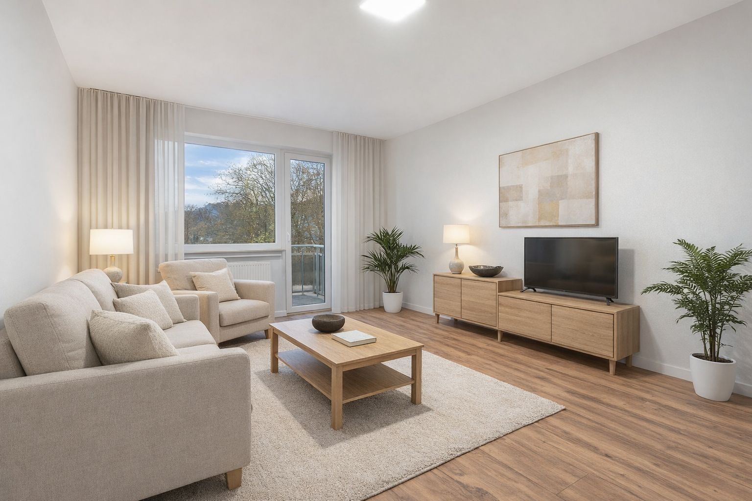 Helles Wohnzimmer mit Sofa, Sessel, Couchtisch, TV, Pflanzen und großem Fenster.
