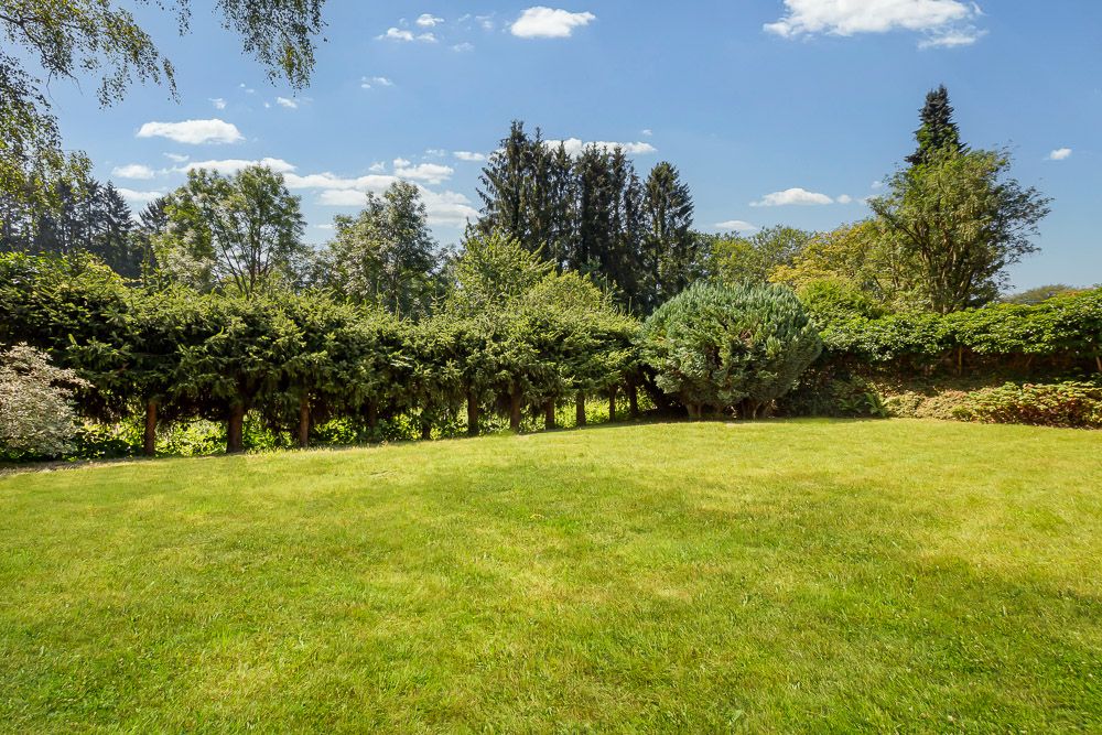 Großer, gepflegter Garten mit Rasen, Hecken und Bäumen an einem sonnigen Tag.