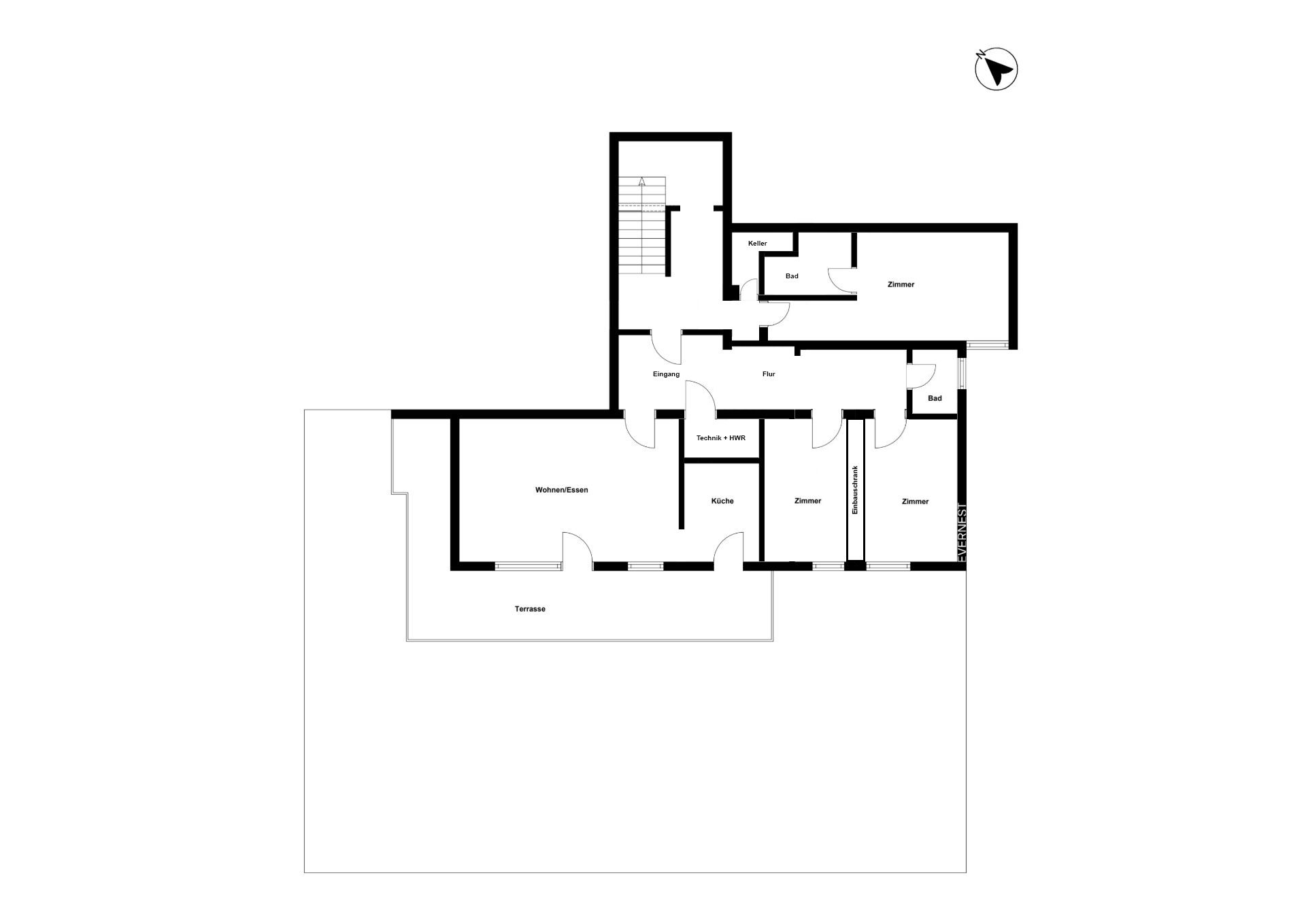 Grundriss einer Wohnung mit Wohnzimmer, Küche, Schlafzimmern, Bad und Terrasse.