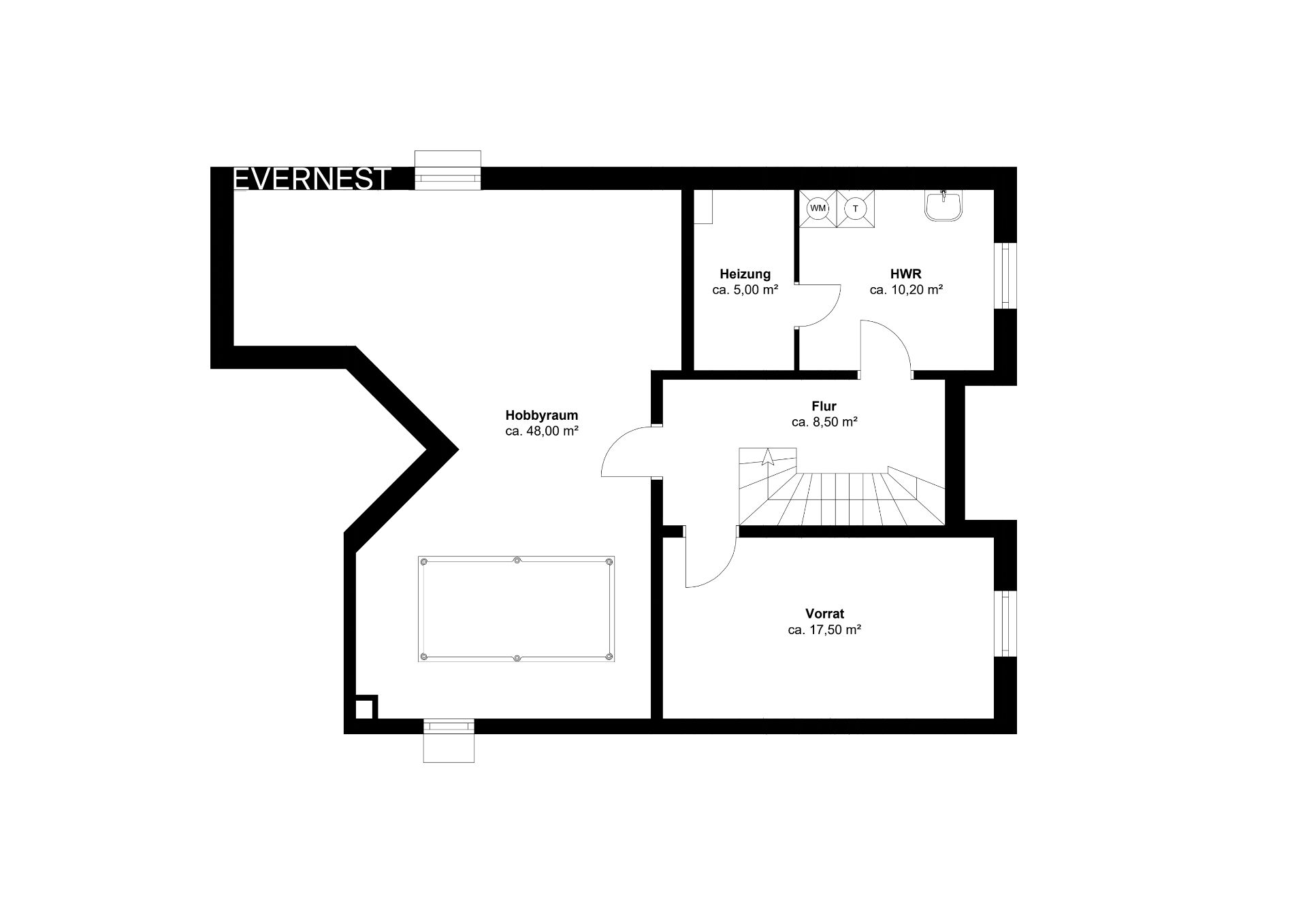 Grundriss eines Kellers mit Hobbyraum, Heizung, Hauswirtschaftsraum, Flur und Vorratsraum.